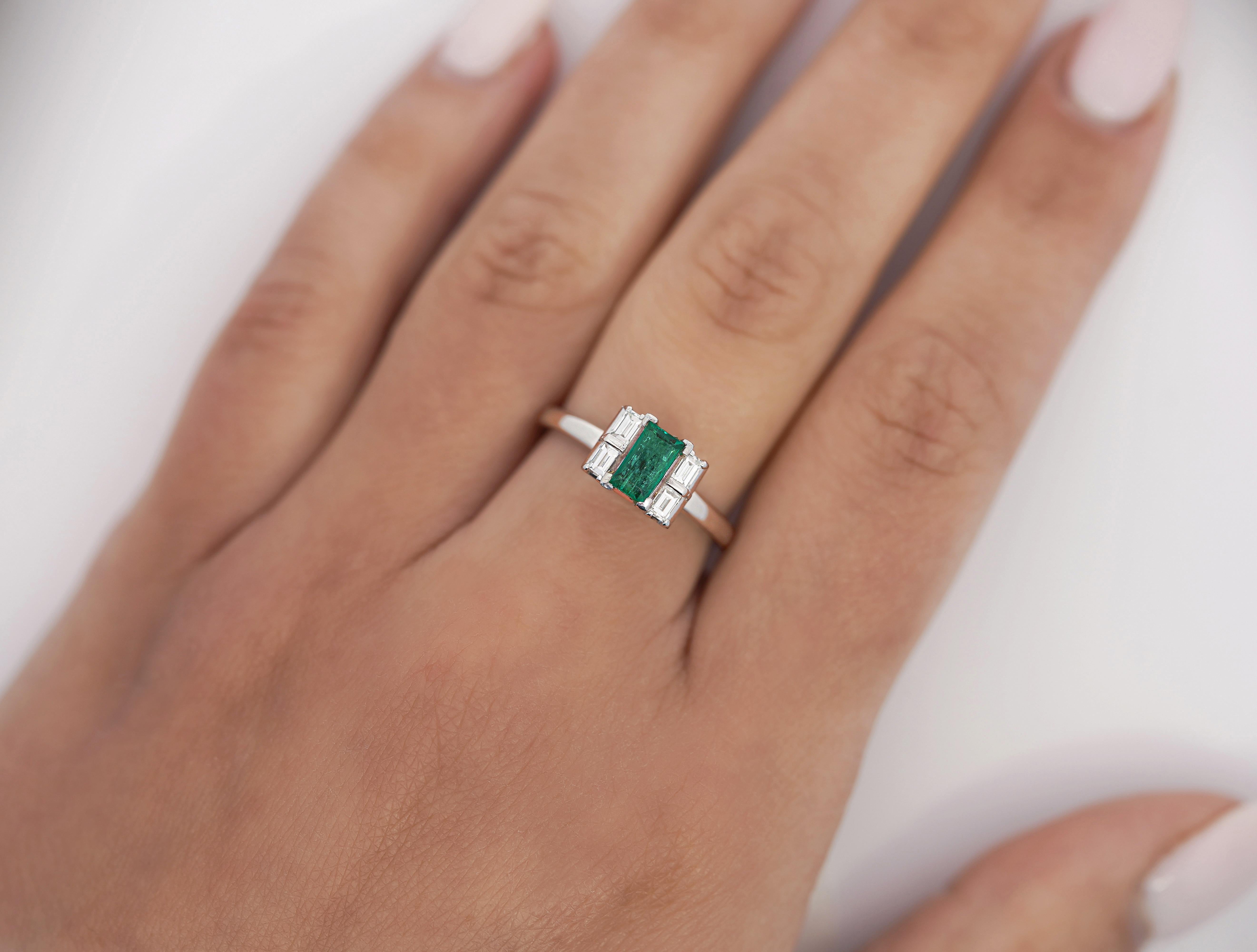 0.98 Carat Baguette Colombian Emerald, Diamond Platinum Thin Ring