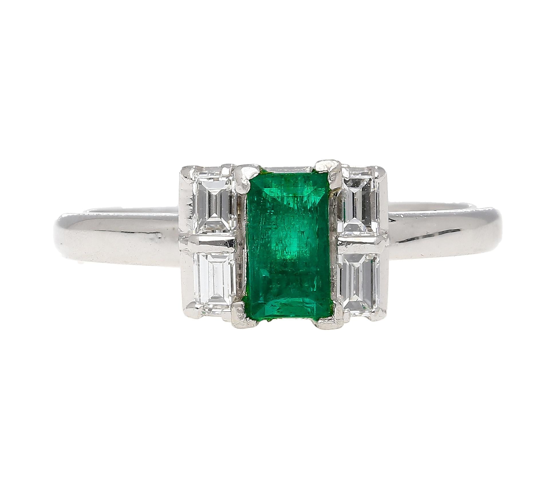0.98 Carat Baguette Colombian Emerald, Diamond Platinum Thin Ring