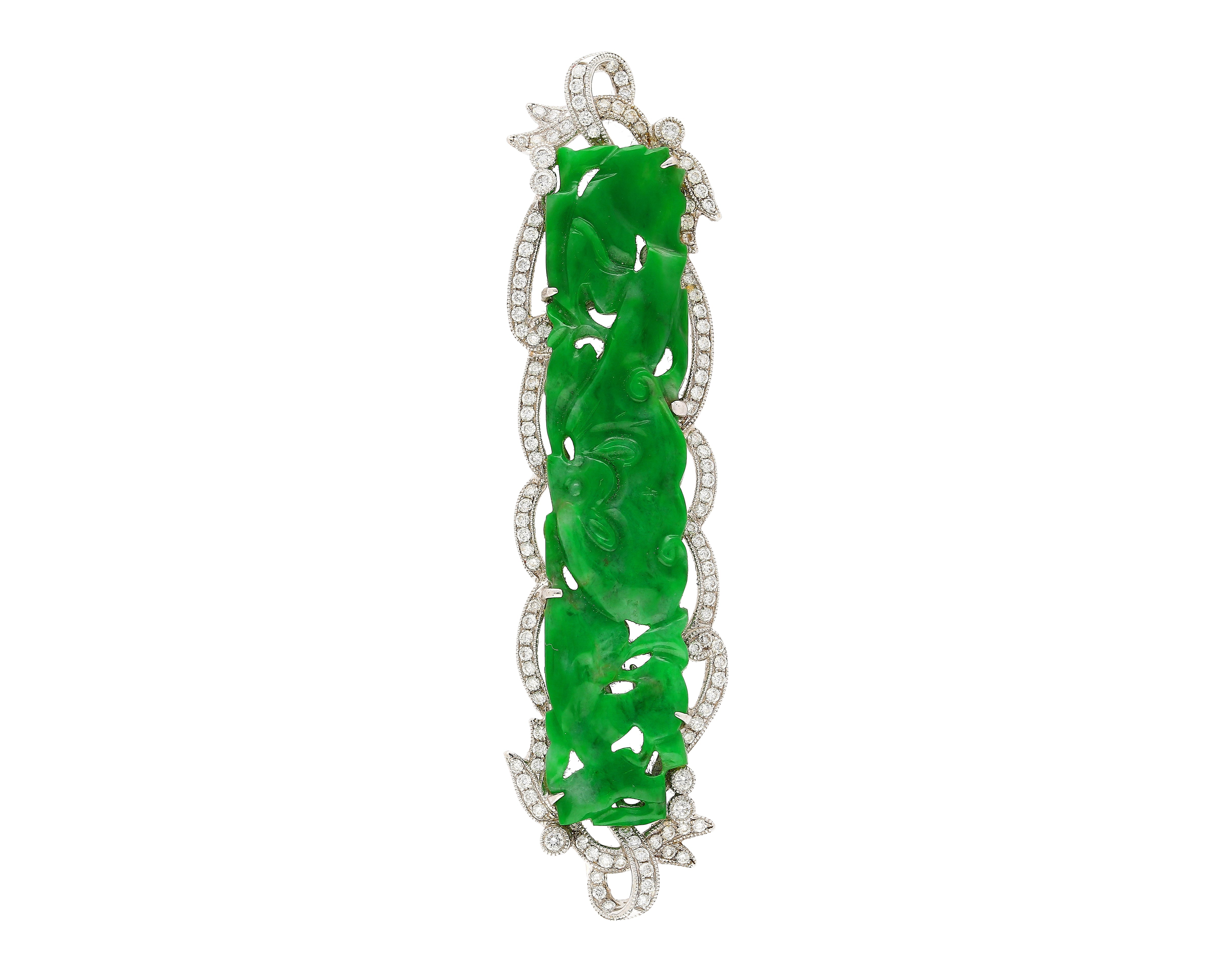 18.20 Carat Carved Dragon Green Jadeite Jade Grade "A" & Diamonds Pendant & Pin Crossover-Pendants-ASSAY