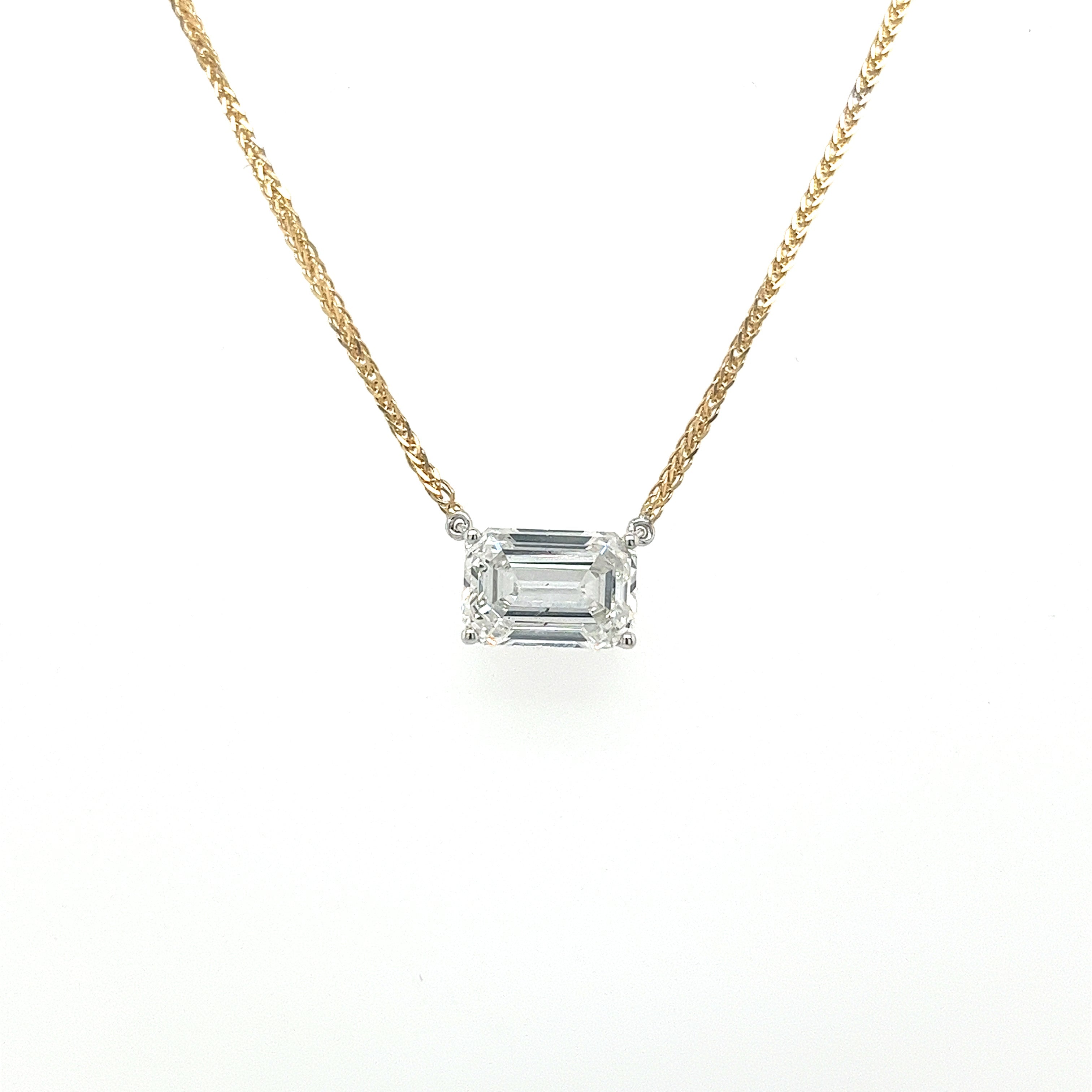 2 Carat Emerald Cut Lab Grown Diamond Connected Floating Solitaire Necklace in 18K Yellow & White Gold 2-Tone Setting | Spring Ring Closure-Necklaces-ASSAY