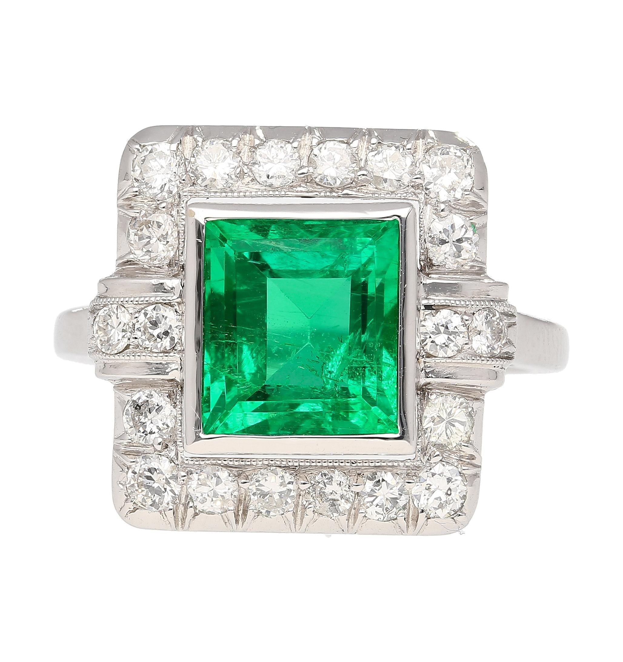 2.86 Carat Afghan-Chinese Minor Oil Emerald & Diamond Halo Ring in 18K Gold