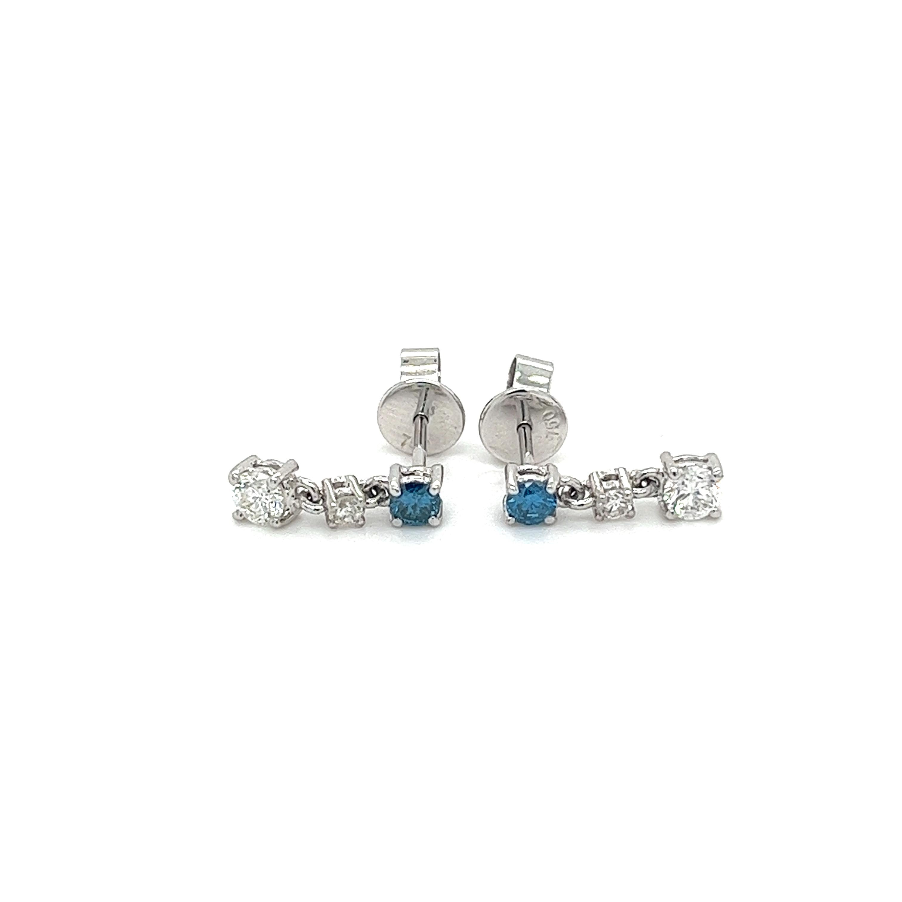 3 Stone Round Cut Natural Blue and White Diamond Drop Earrings In 18K White Gold-Earrings-ASSAY