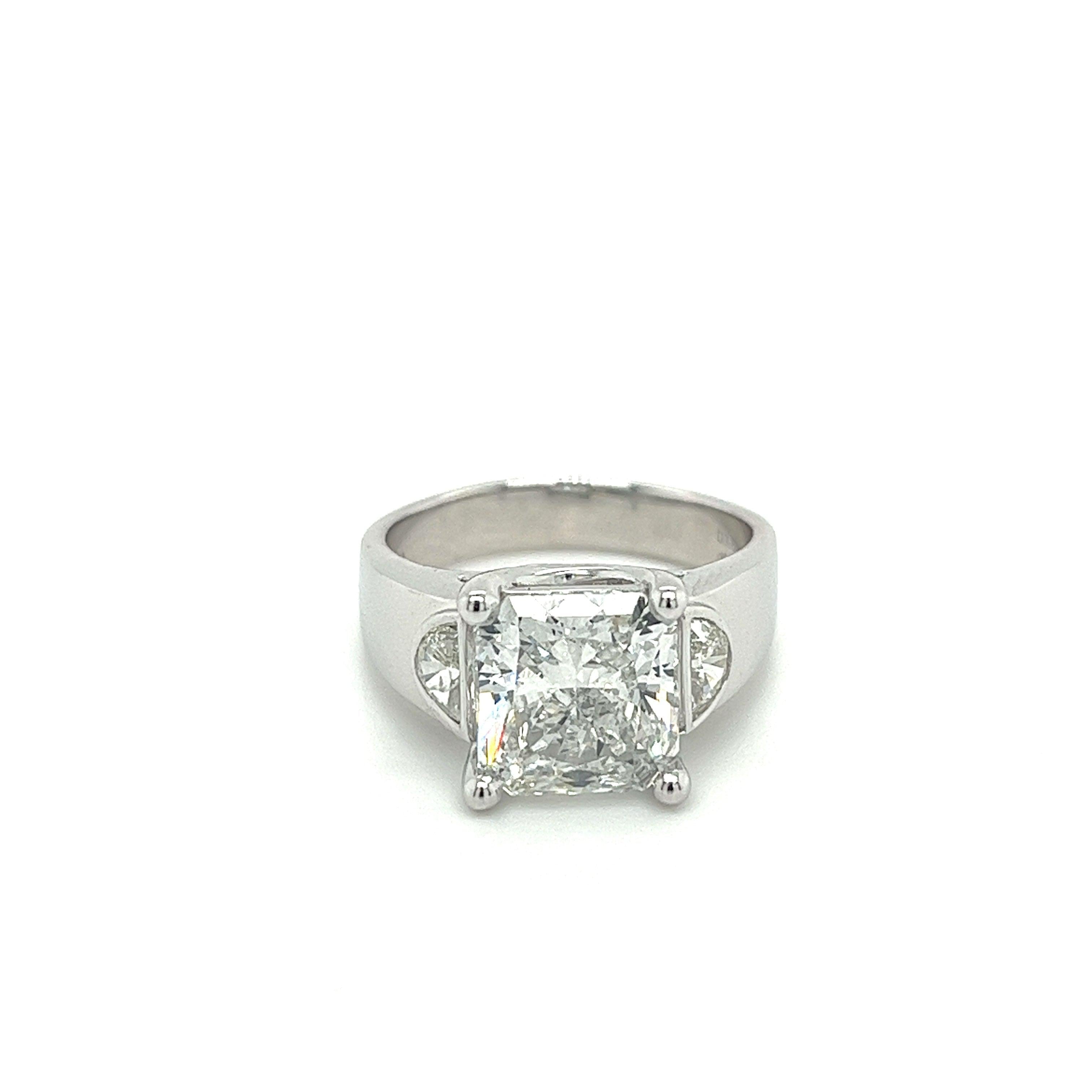 4 Carat Radiant Cut Lab Grown Diamond Ring With Half Moon Side Stone in 14K White Gold-engagement ring-ASSAY