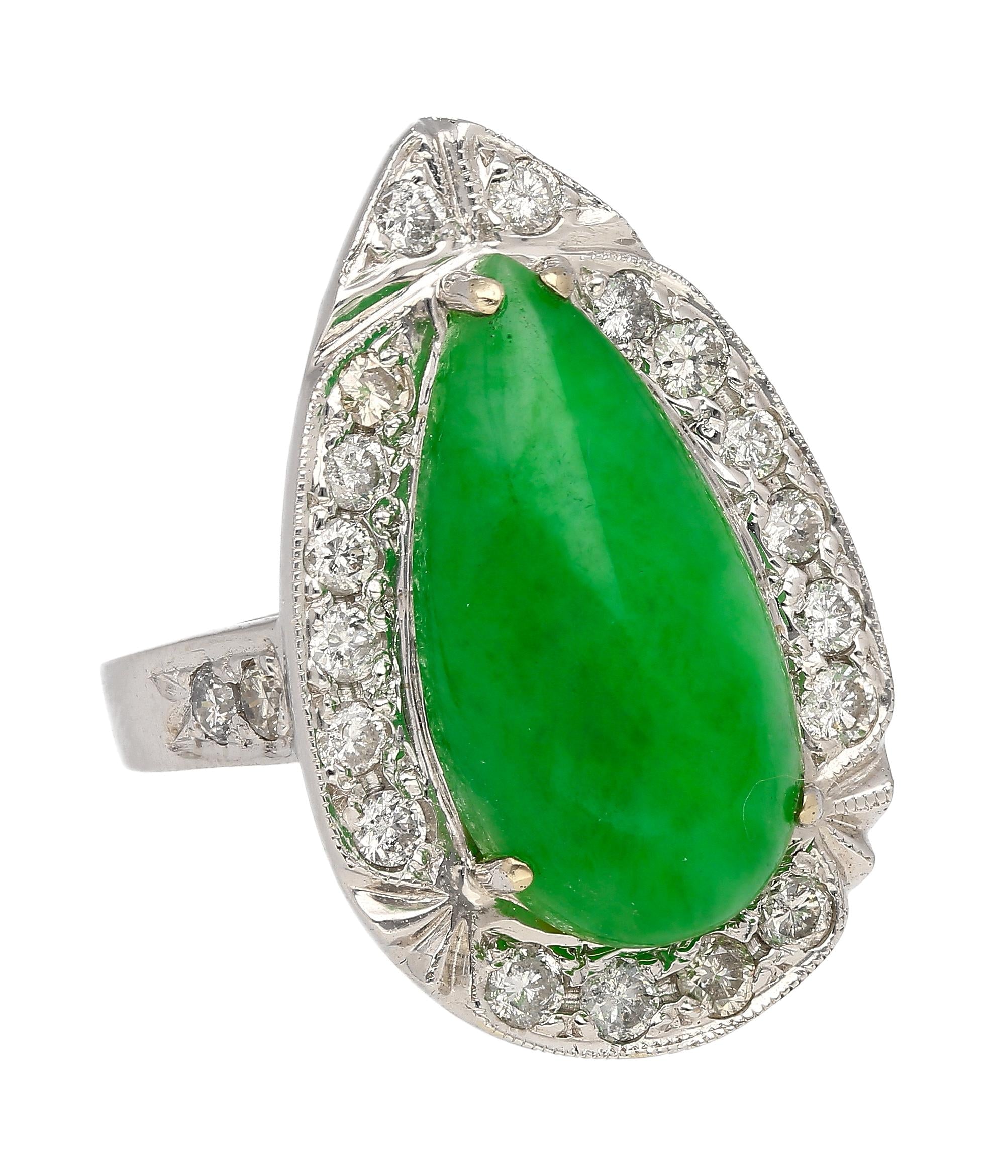 7.88 Carat Jade and Diamond Halo Ring in 18k White Gold