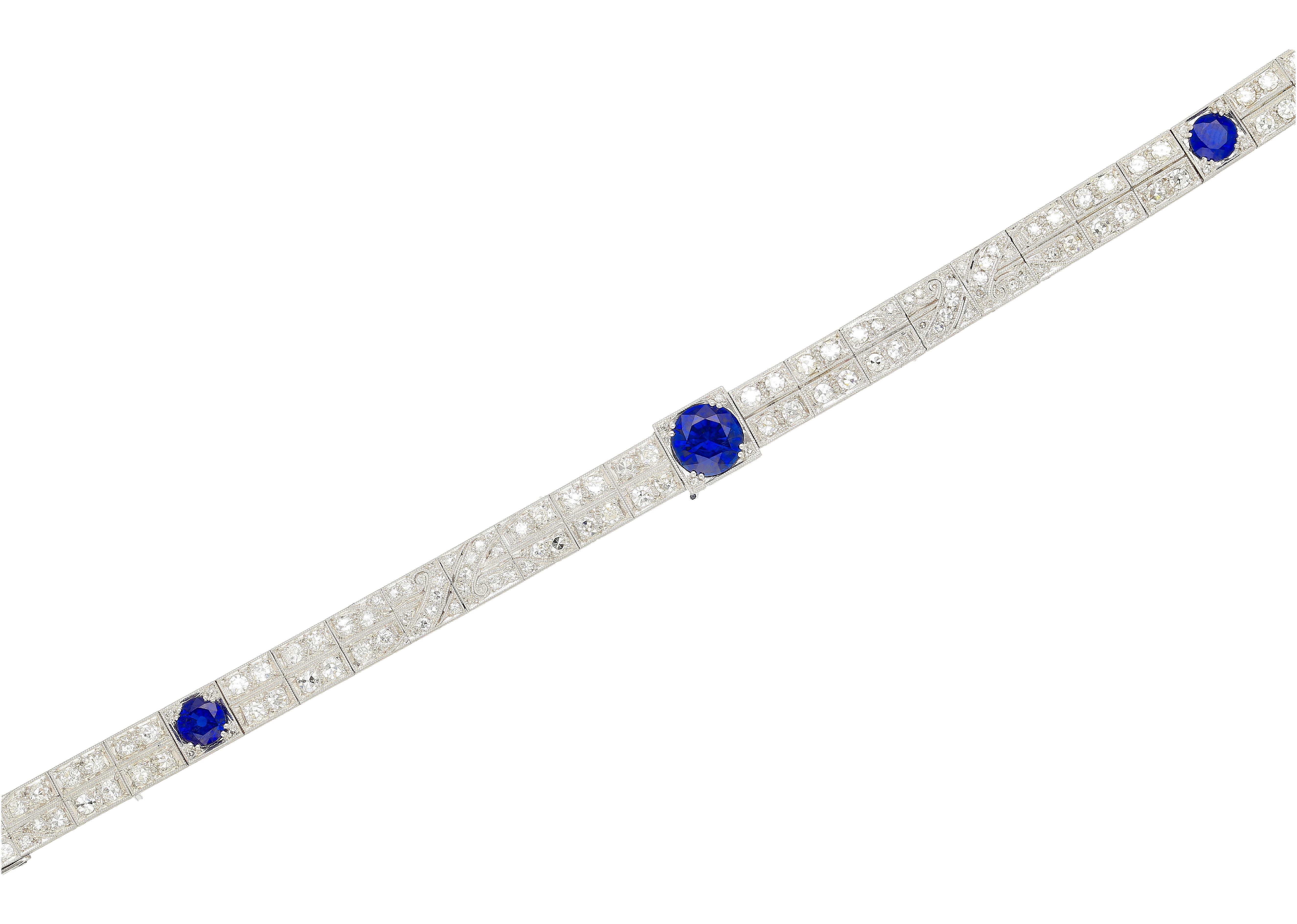 Antique Art Deco Platinum Filigree Blue Sapphire & Diamond Bracelet