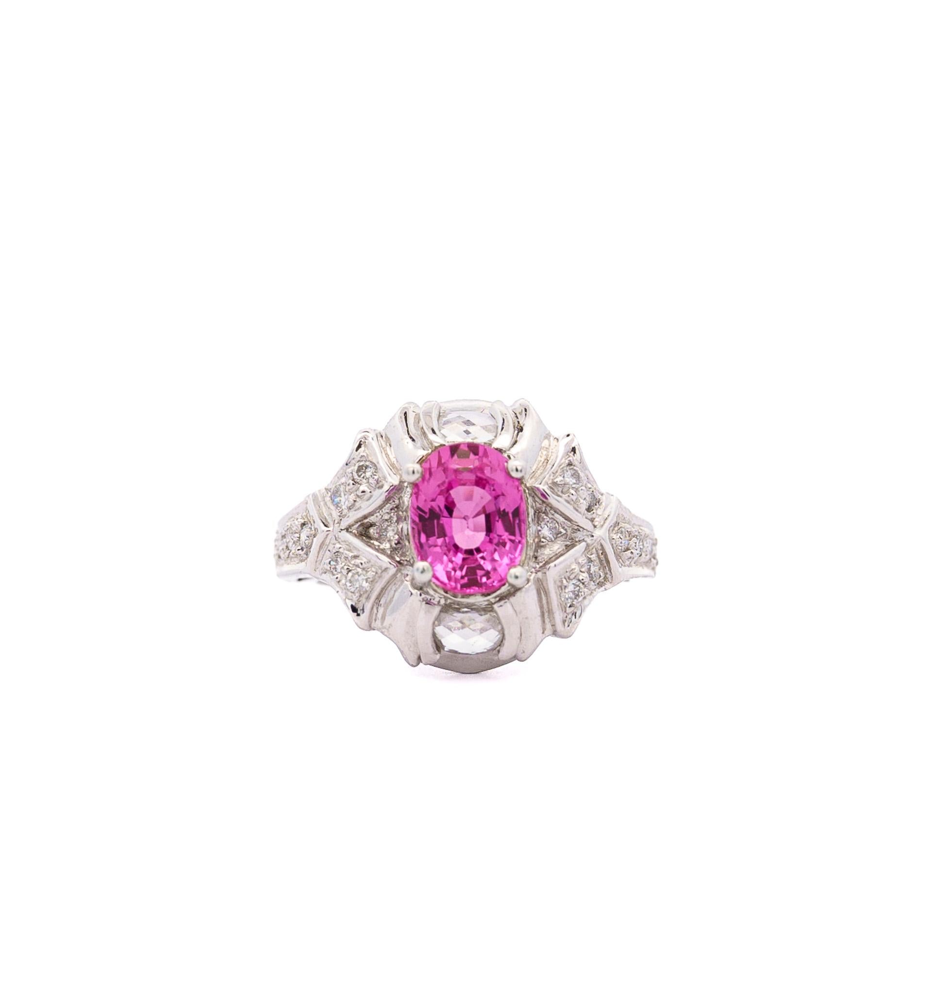 GIA Certified 2.4 Carat No Heat Pink Sapphire & Briolette Diamond Platinum Ring