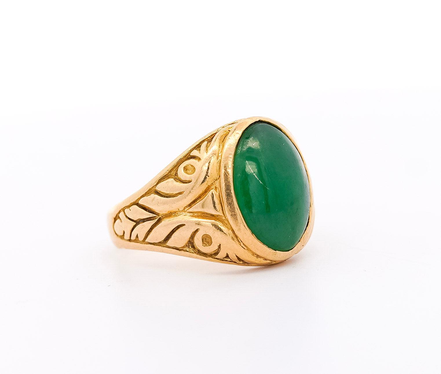 Grade A Jadeite Jade in 22K Carved Gold Solitaire Bezel Set Unisex Ring-Rings-ASSAY
