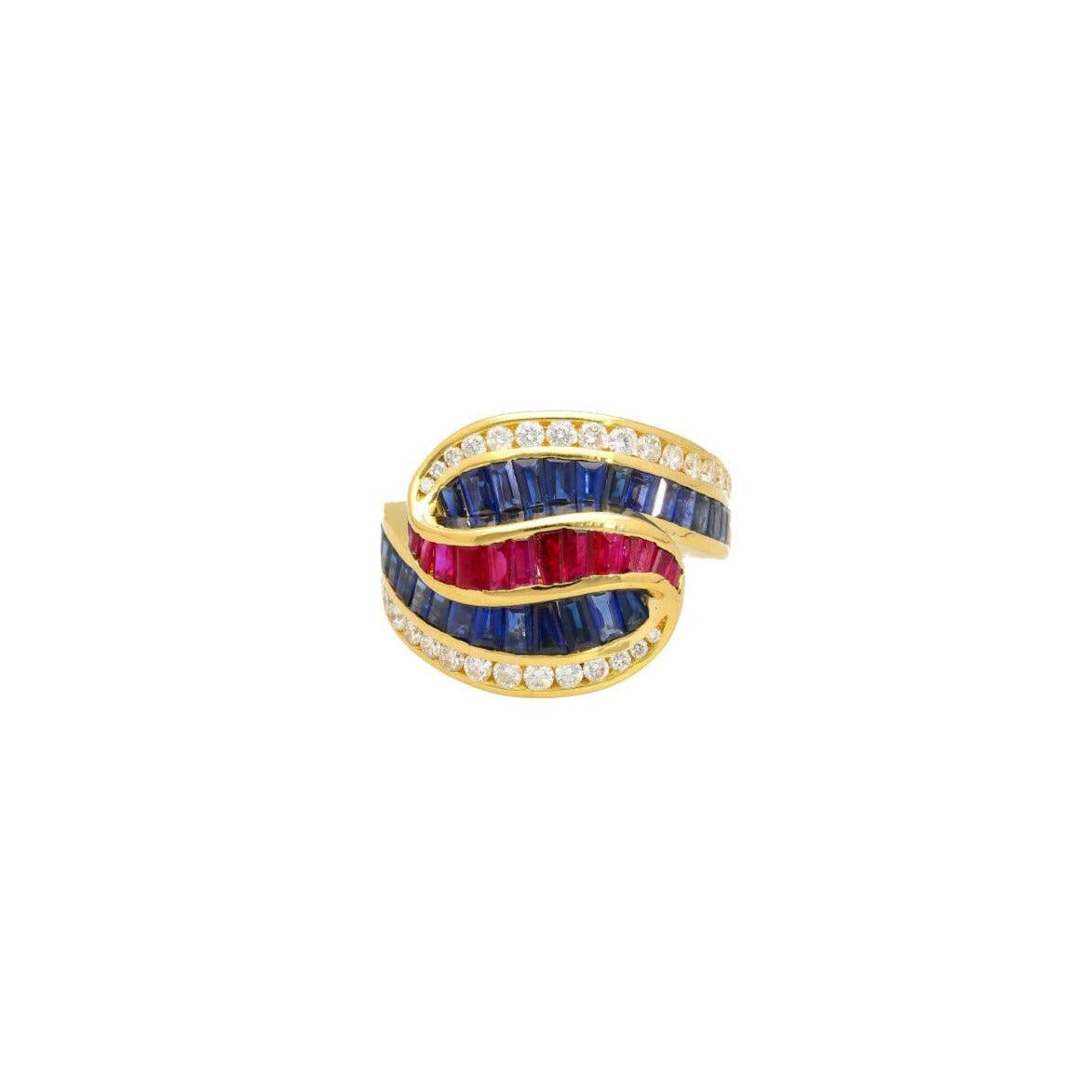 Multi-Gem 3 Carat Baguette-Cut Cluster Ruby, Sapphire, & Diamond Channel Set Ring | Signed Charles Krypelle-Rings-ASSAY