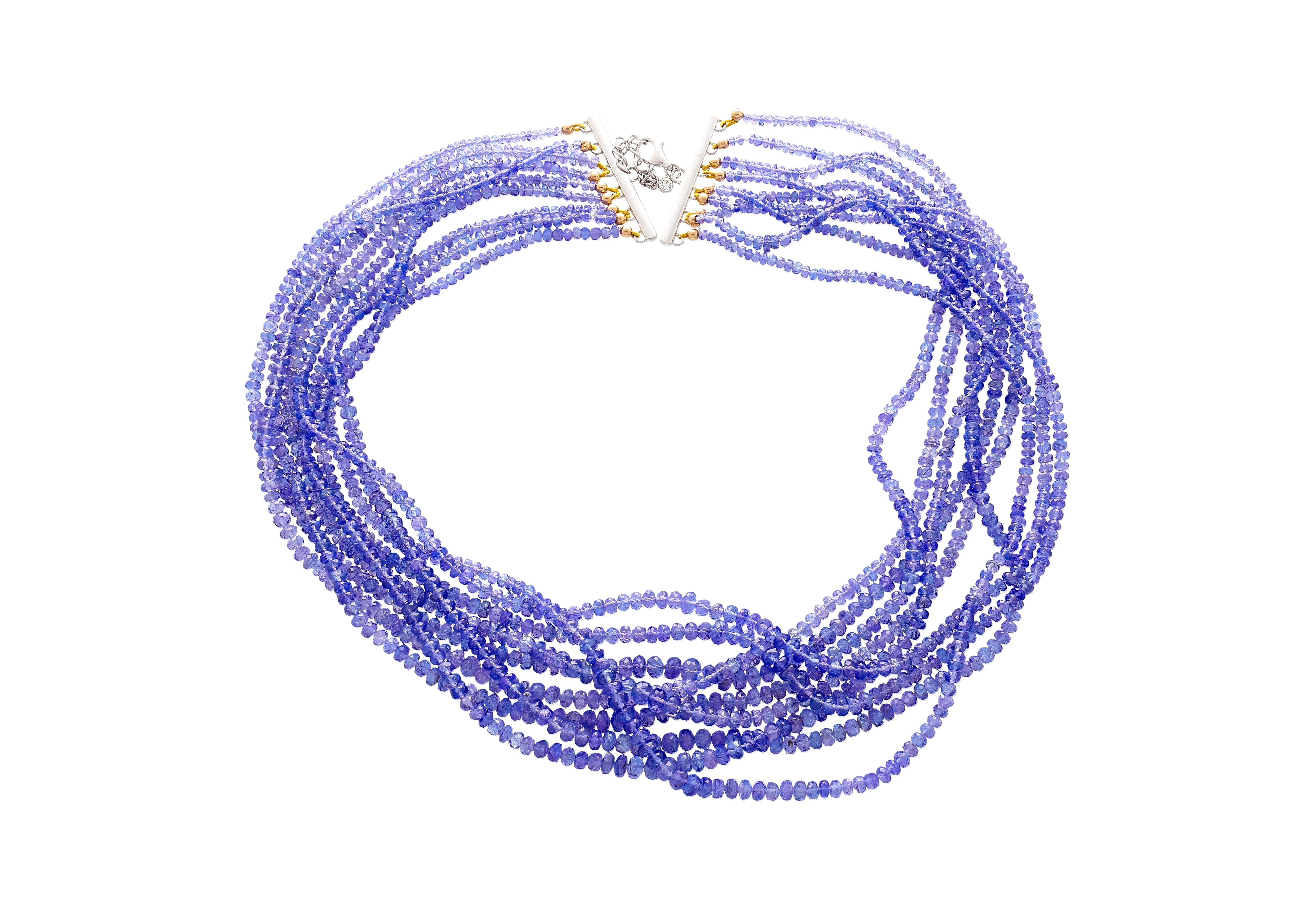 Multi-Strand Blue Tanzanite Beads & Round Cut Diamond Necklace in 18K White Gold-Necklace-ASSAY