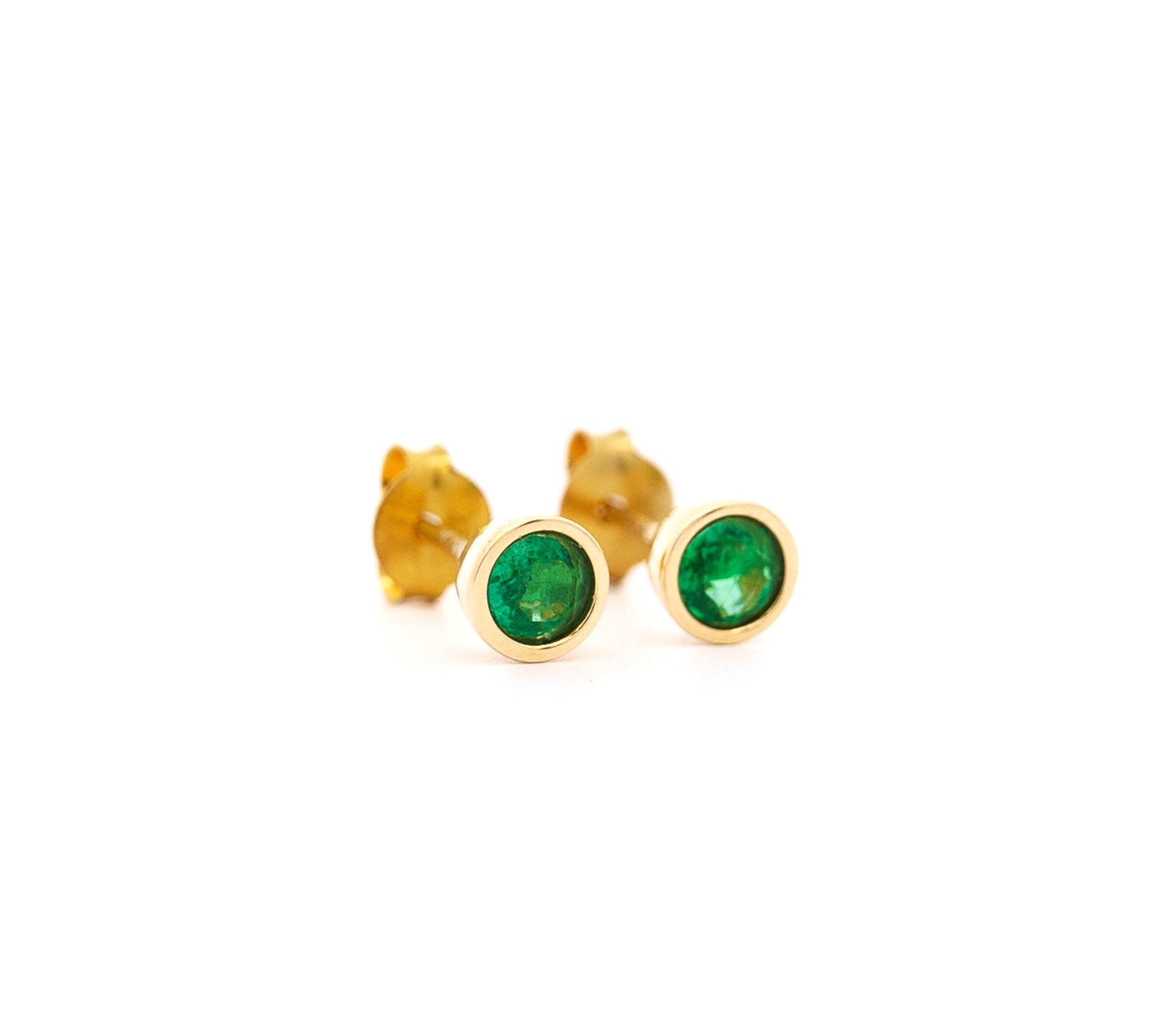 2 Carat Emerald Round Bezel Stud Earrings in 14K Yellow Gold-Earrings-ASSAY