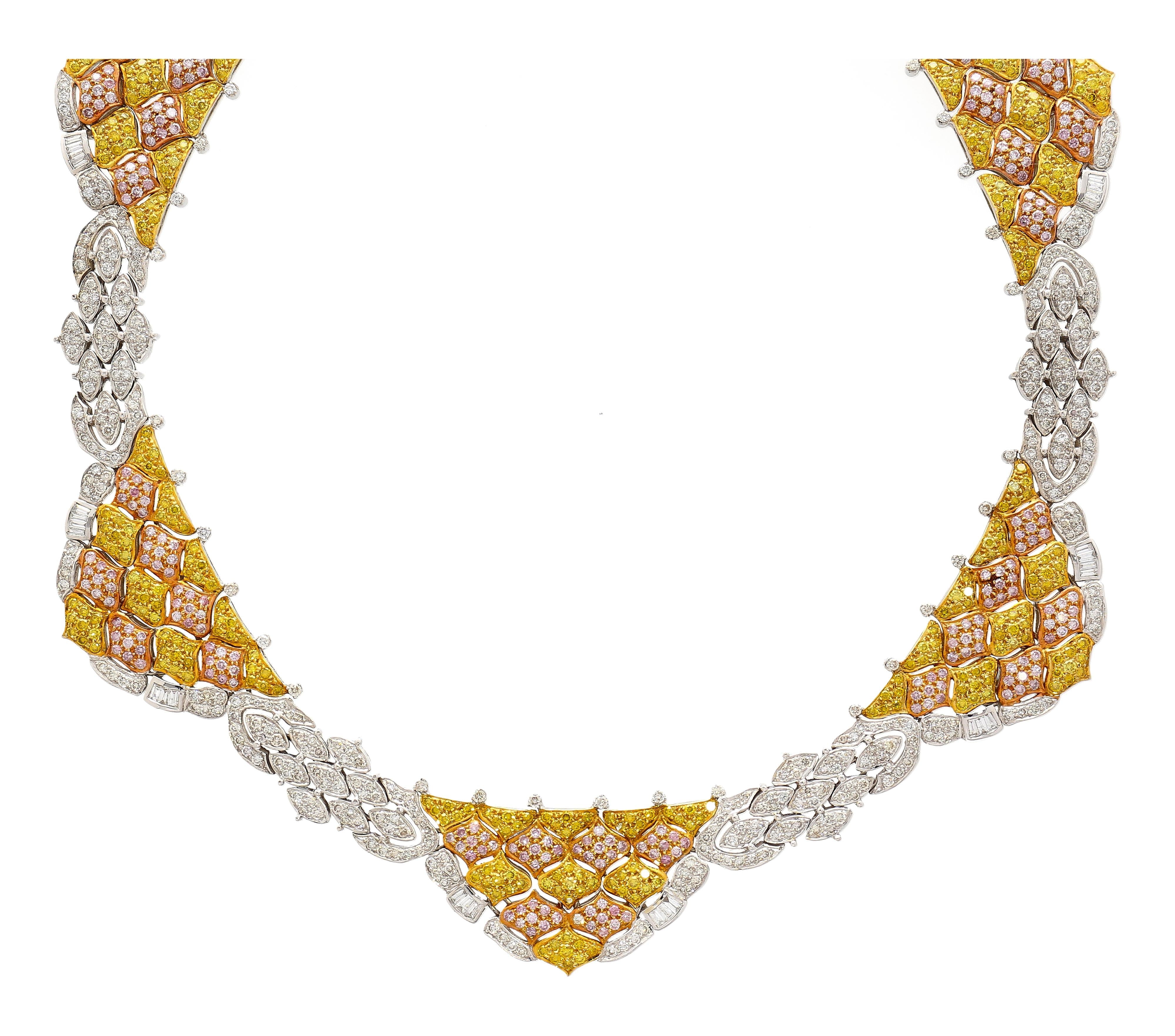 Natural 35 Carat Pink, White, & Yellow Diamond 18K Three Tone Necklace Choker