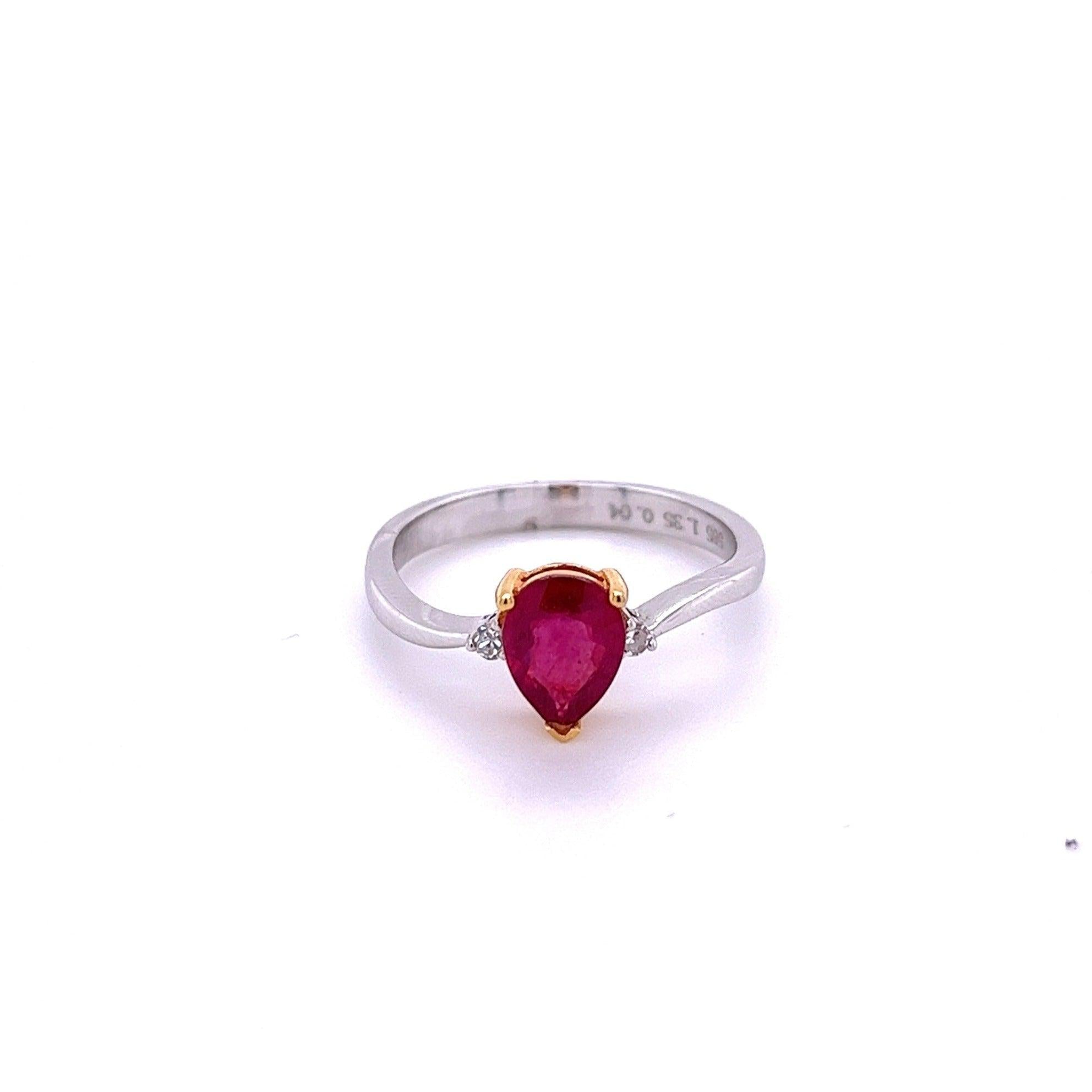 1.35 Carat Pear Cut Natural Ruby and Diamonds in 14k white gold Curved Ring