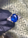 GIA Certified Oval Blue Sapphire and Trillion Diamond 3 Stone Ring in 18K-Rings-ASSAY