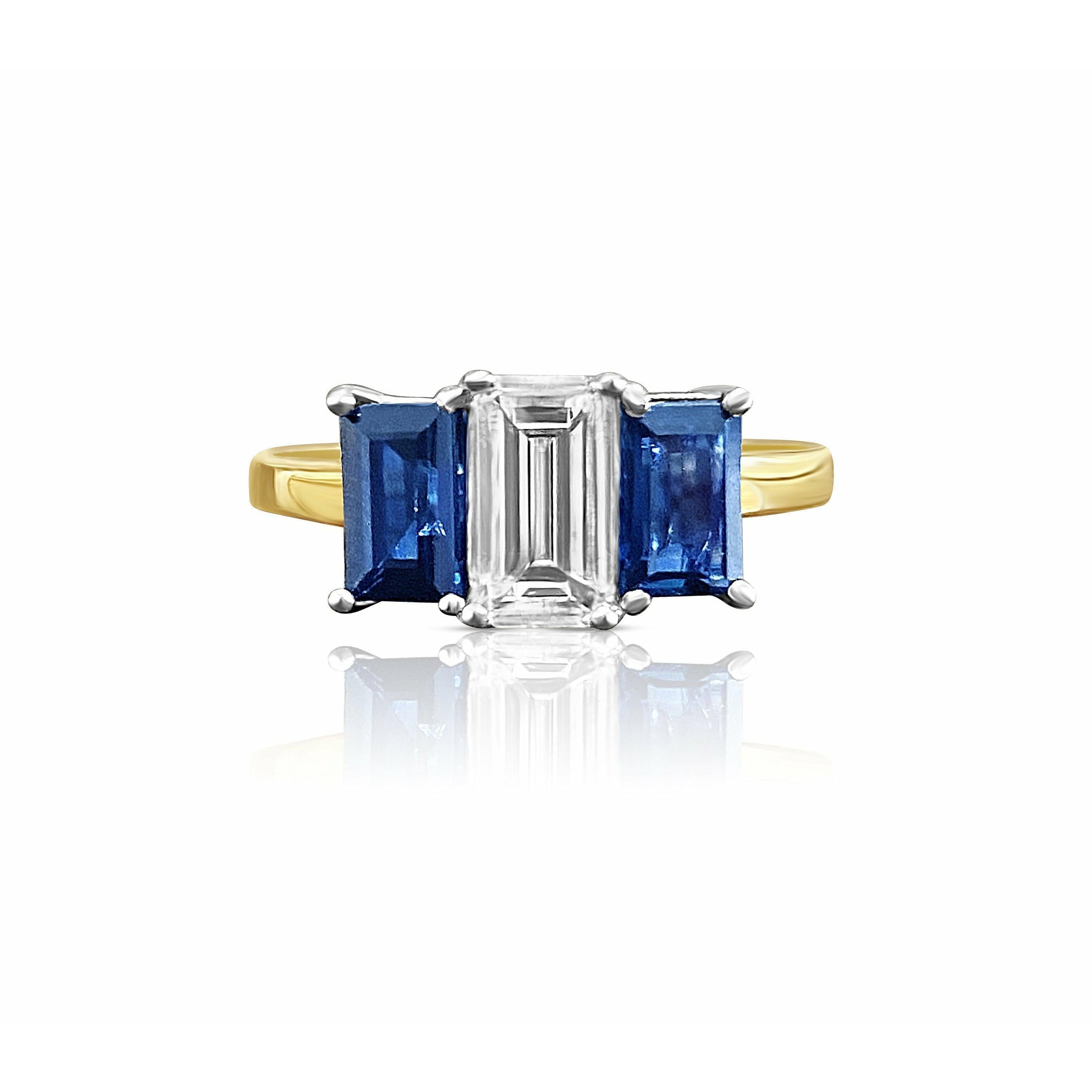 0.92 carat GIA certified Emerald Cut Diamond Engagement ring with Blue Sapphire Sidestone - ASSAY