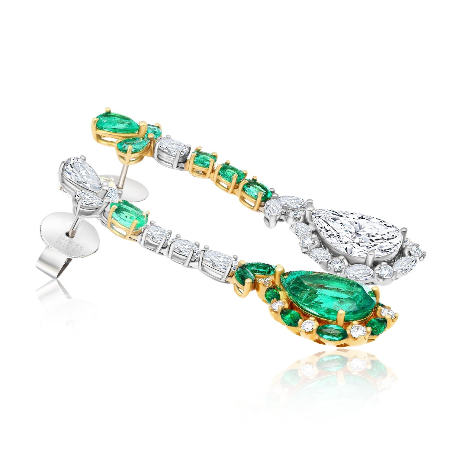 10 Carat Natural Emerald and Diamond Mirrored Drop Earrings in 18K Gold