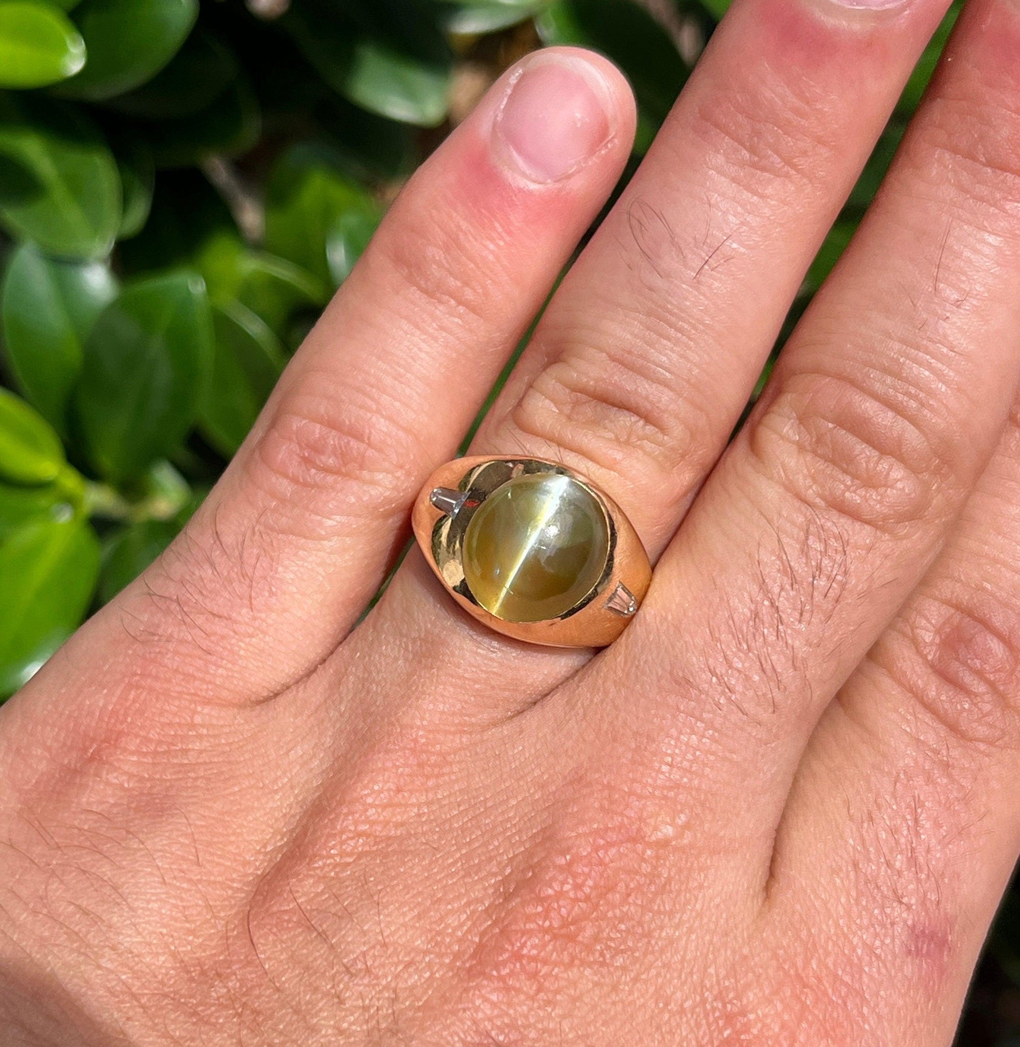 12 Carat Chrysoberyl Cats Eye Mens Ring with Baguette Sides in 18K