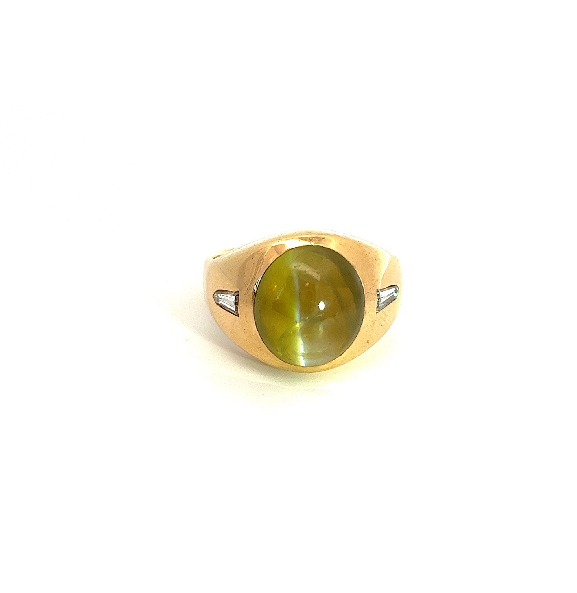 12 Carat Chrysoberyl Cats Eye Mens Ring With Baguette Diamond Sides in 18K Gold