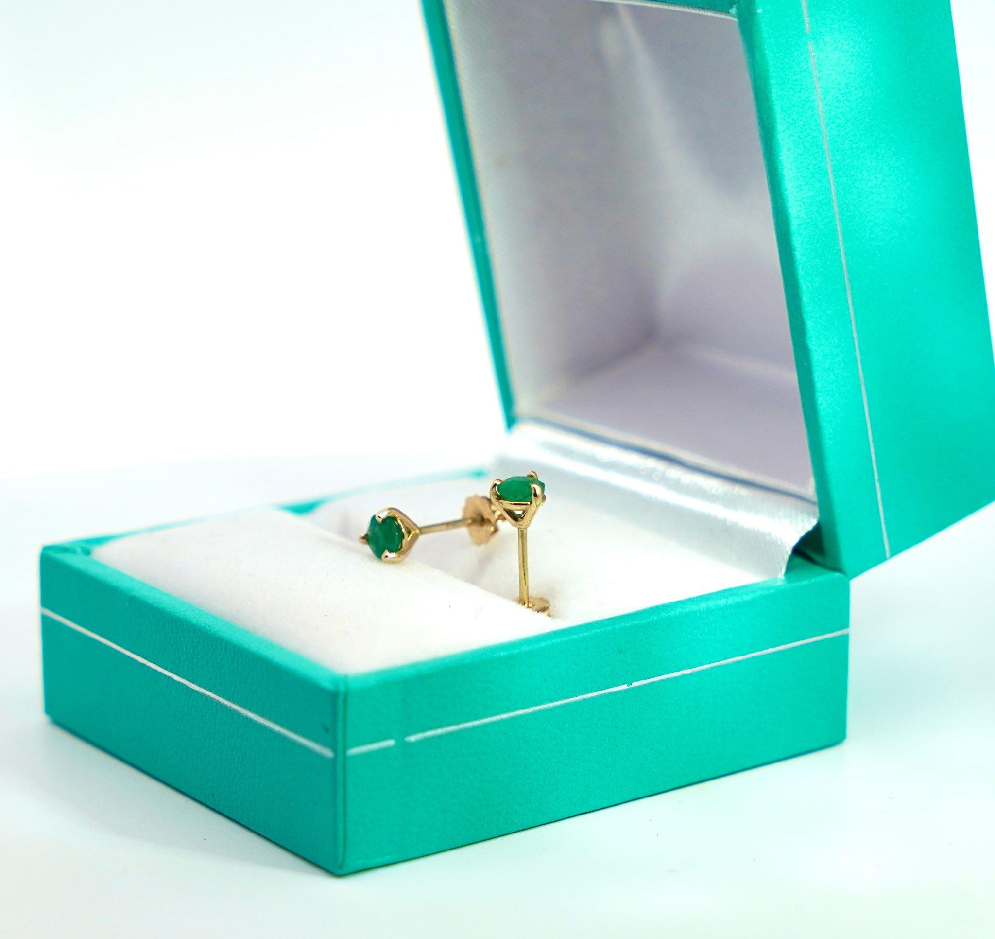 1/2 Carat Round Cut Natural Emerald Stud Earrings in 14K Yellow Gold 3-Prong Martini Setting