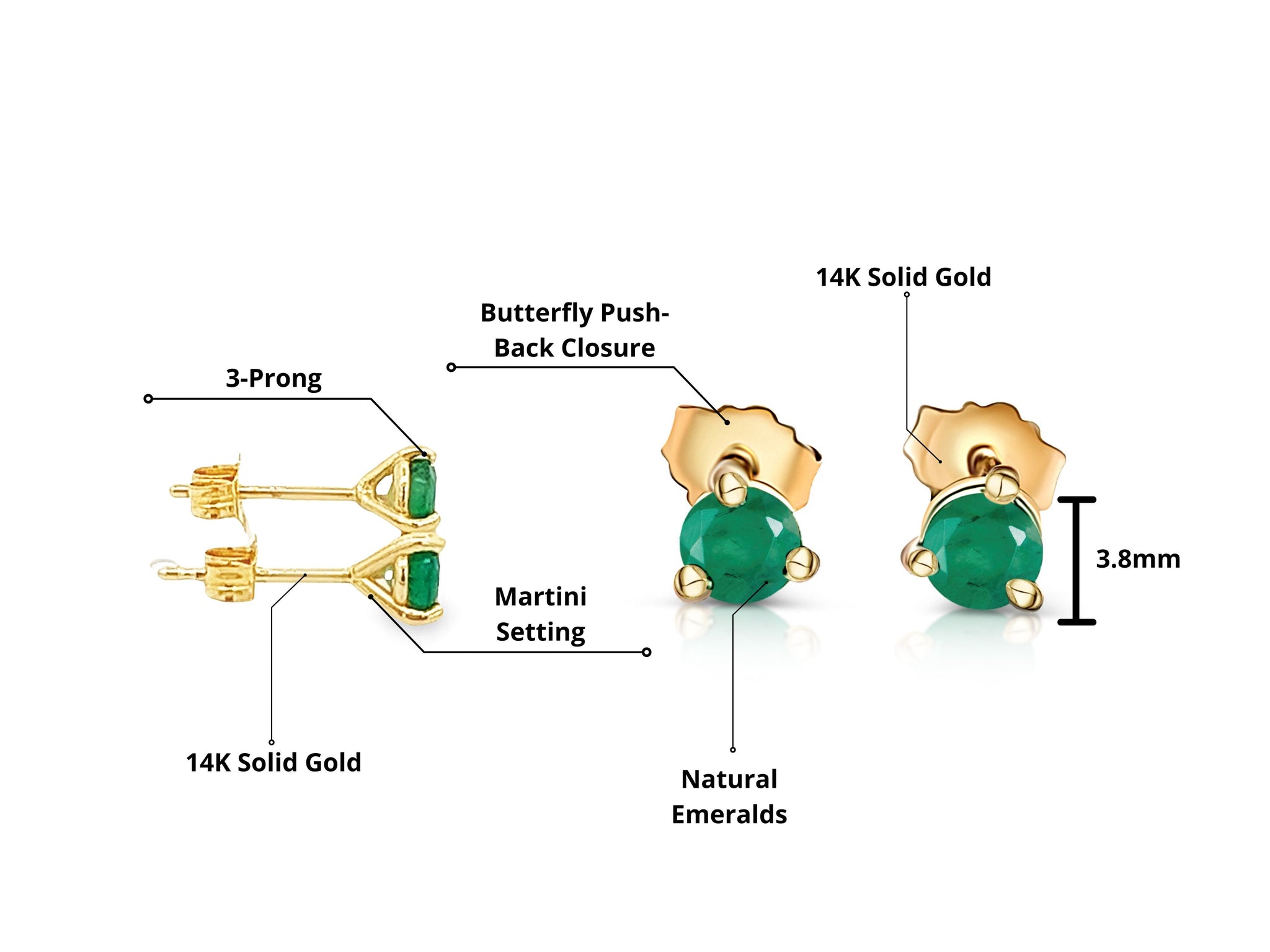 1/2 Carat Round Cut Natural Emerald Stud Earrings in 14K Yellow Gold 3-Prong Martini Setting-Earrings-ASSAY