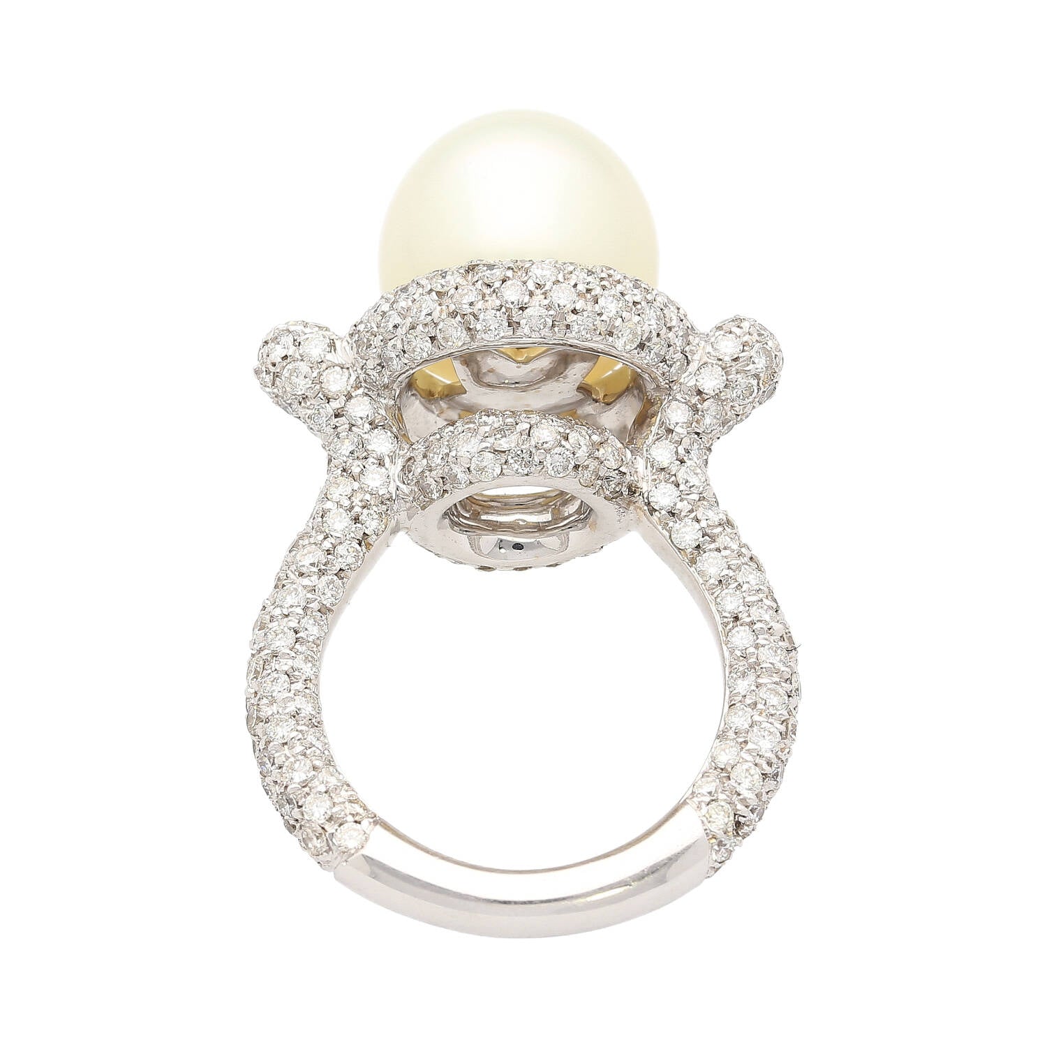 12.3MM SouthSea White Pearl and Round Cut Pave Diamond Ring in 18k White Gold
