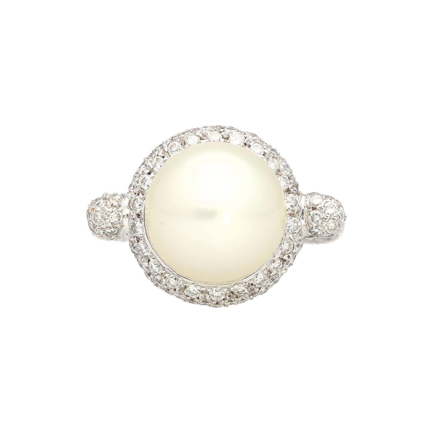 12.3MM SouthSea White Pearl and Round Cut Pave Diamond Ring in 18k White Gold-Rings-ASSAY