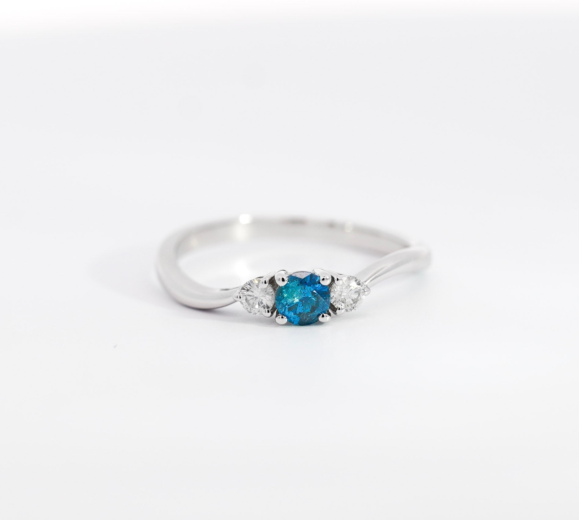 3 CTW Natural Blue and White Diamond Curved Mini Three Stone Ring in 14K White Gold-Rings-ASSAY