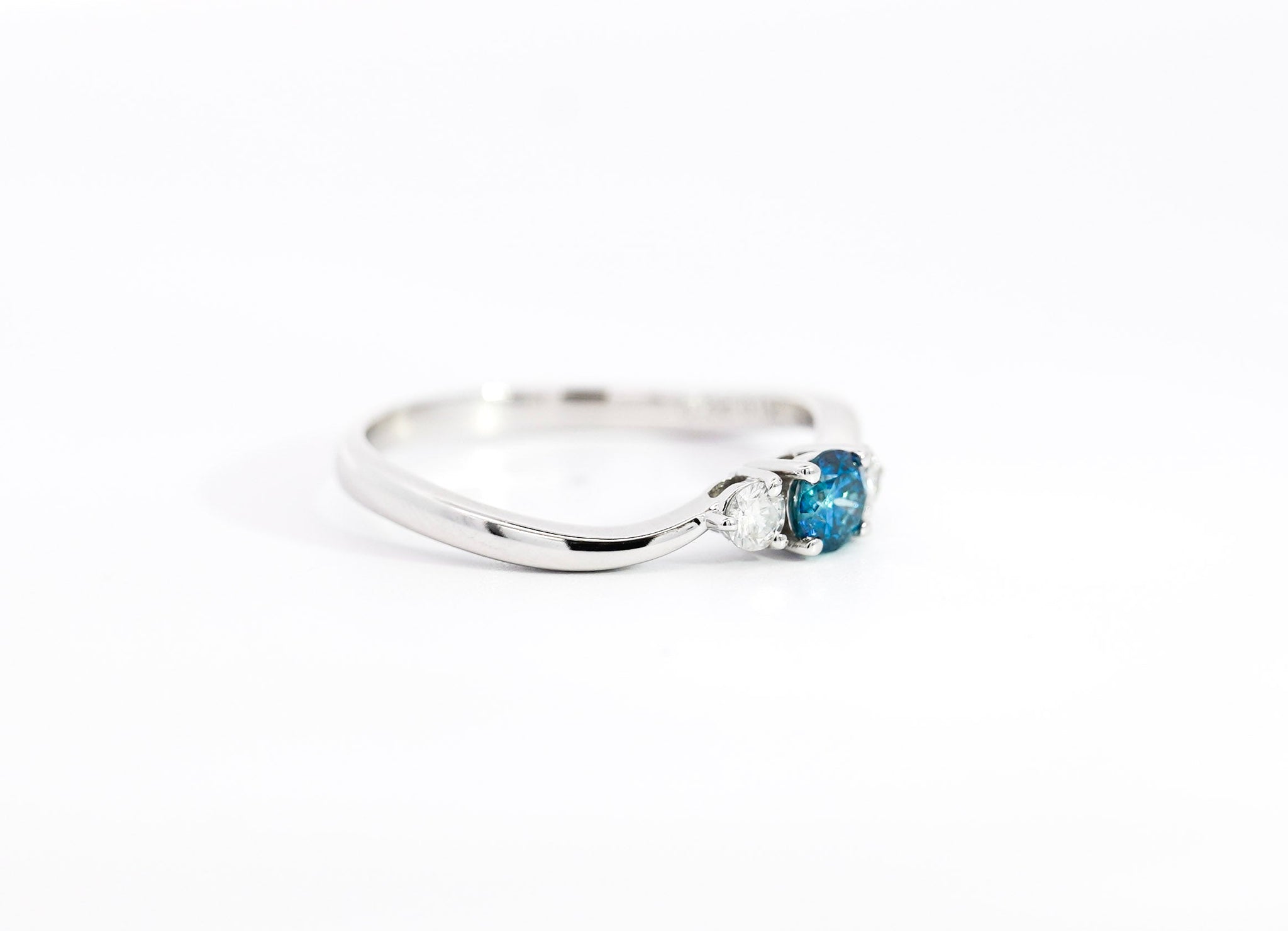 1/3 CTW Natural Blue and White Diamond Curved Mini Three Stone Ring in 14K White Gold-Rings-ASSAY