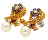 14K Gold Textured Ribbon Motif Natural Pearl, Diamond and Sapphire Stud Earrings-Earrings-ASSAY