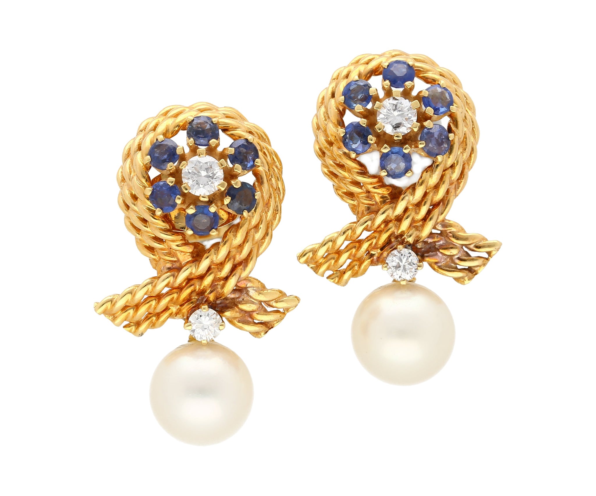 14K Gold Textured Ribbon Motif Natural Pearl, Diamond and Sapphire Stud Earrings