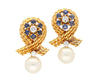 14K Gold Textured Ribbon Motif Natural Pearl, Diamond and Sapphire Stud Earrings-Earrings-ASSAY