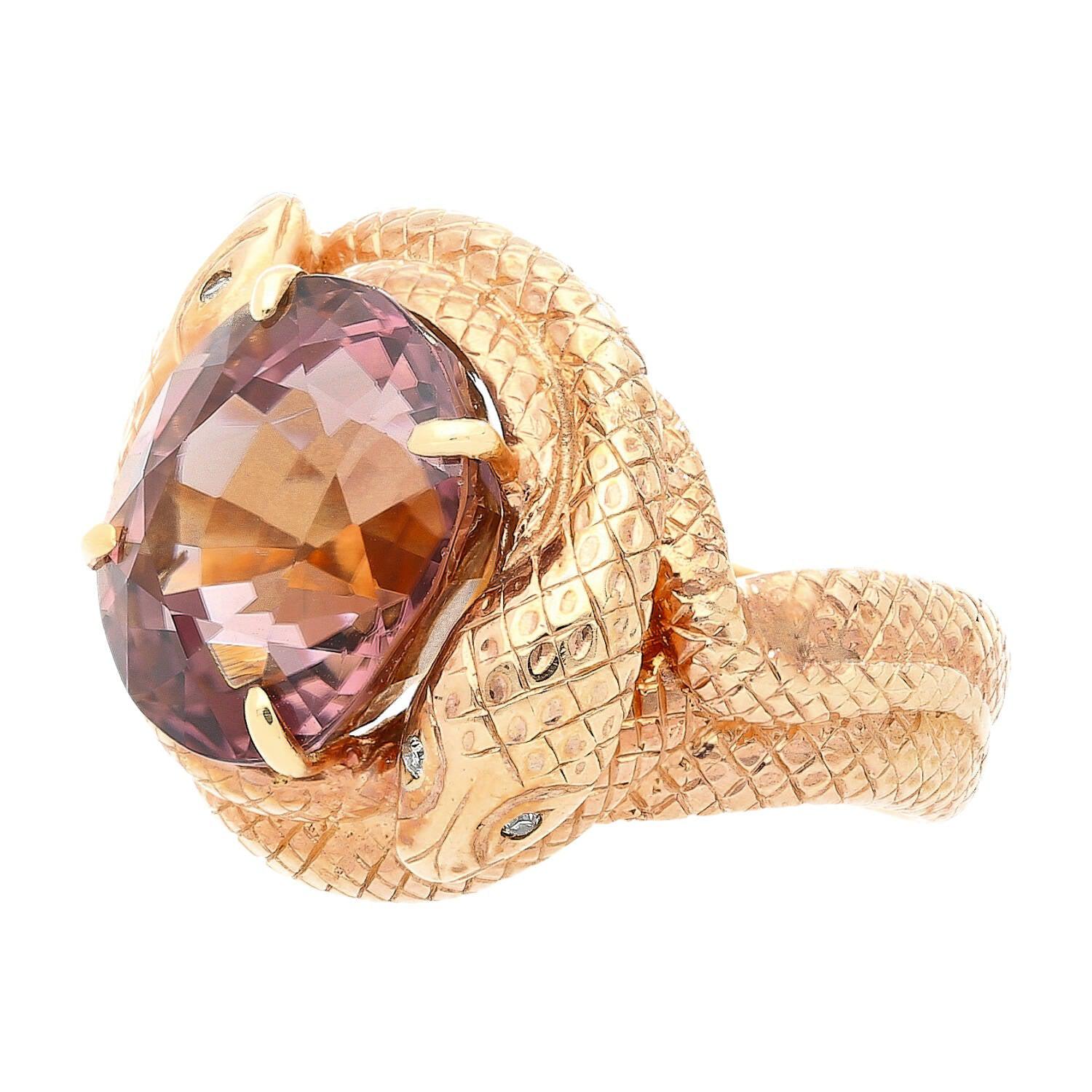 14K Solid Gold Wrapping Serpentine Snake Ring With 10 Carat Pink Tourmaline-Semi Precious Jewelry-ASSAY