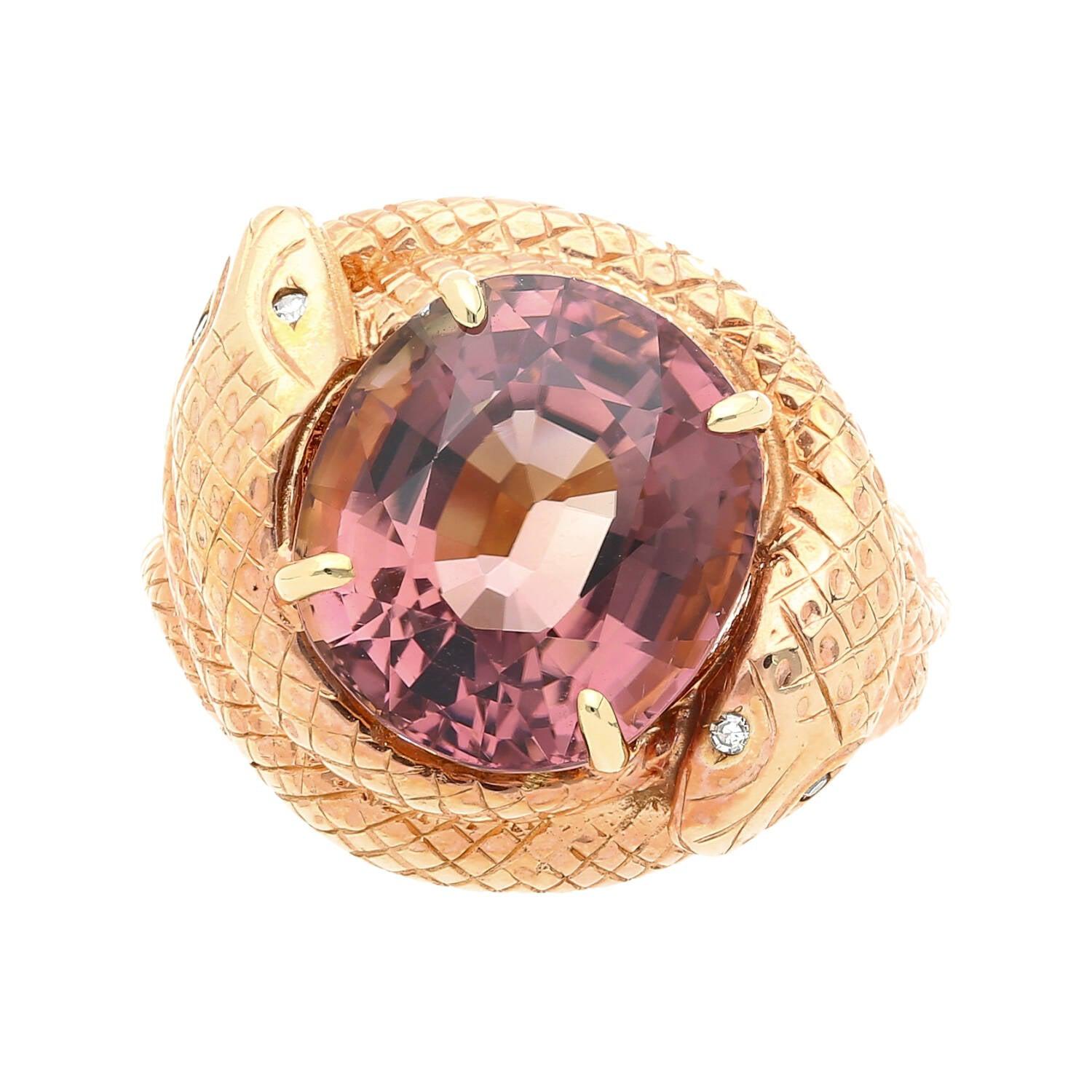 14K Solid Gold Wrapping Serpentine Snake Ring With 10 Carat Pink Tourmaline-Semi Precious Jewelry-ASSAY