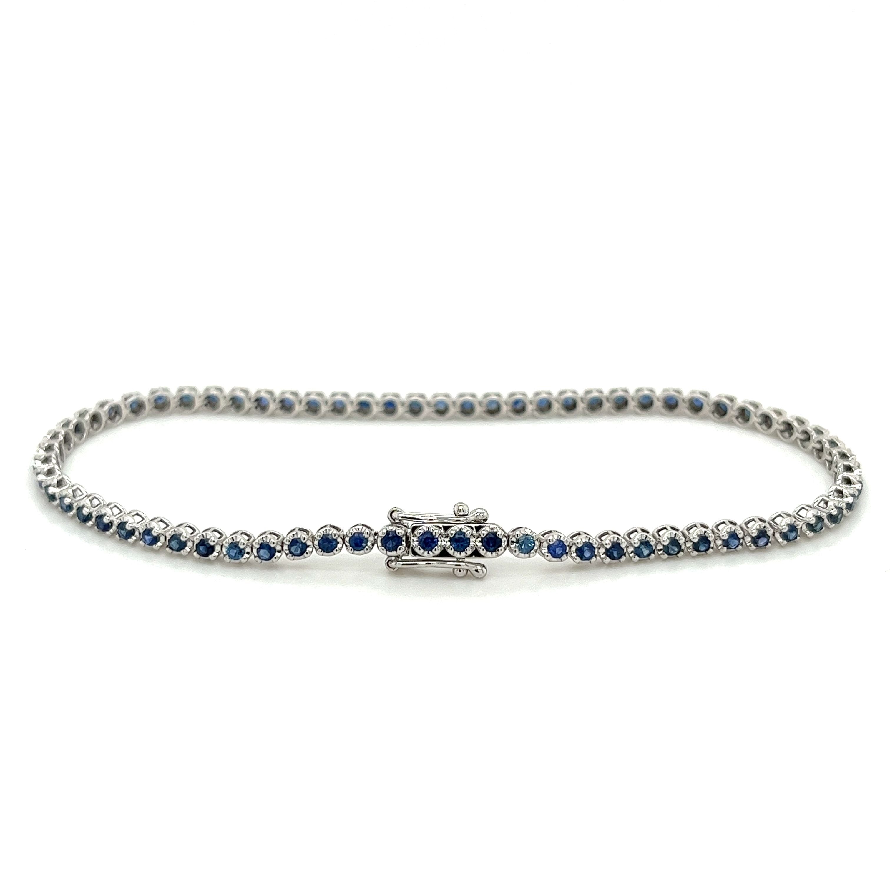 14K White Gold Ball Style 2.4MM Round Cut Blue Sapphire Tennis Bracelet-Bracelets-ASSAY
