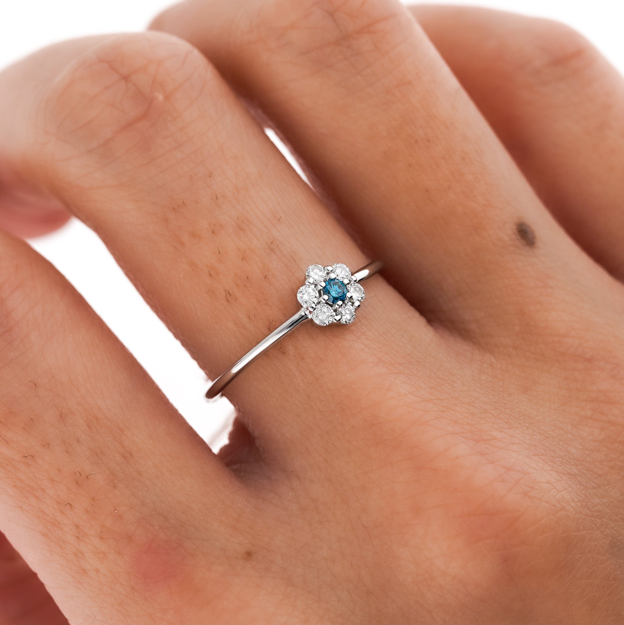 14K White Gold Blue and White Diamond 1MM Daisy Flower Ring-Rings-ASSAY