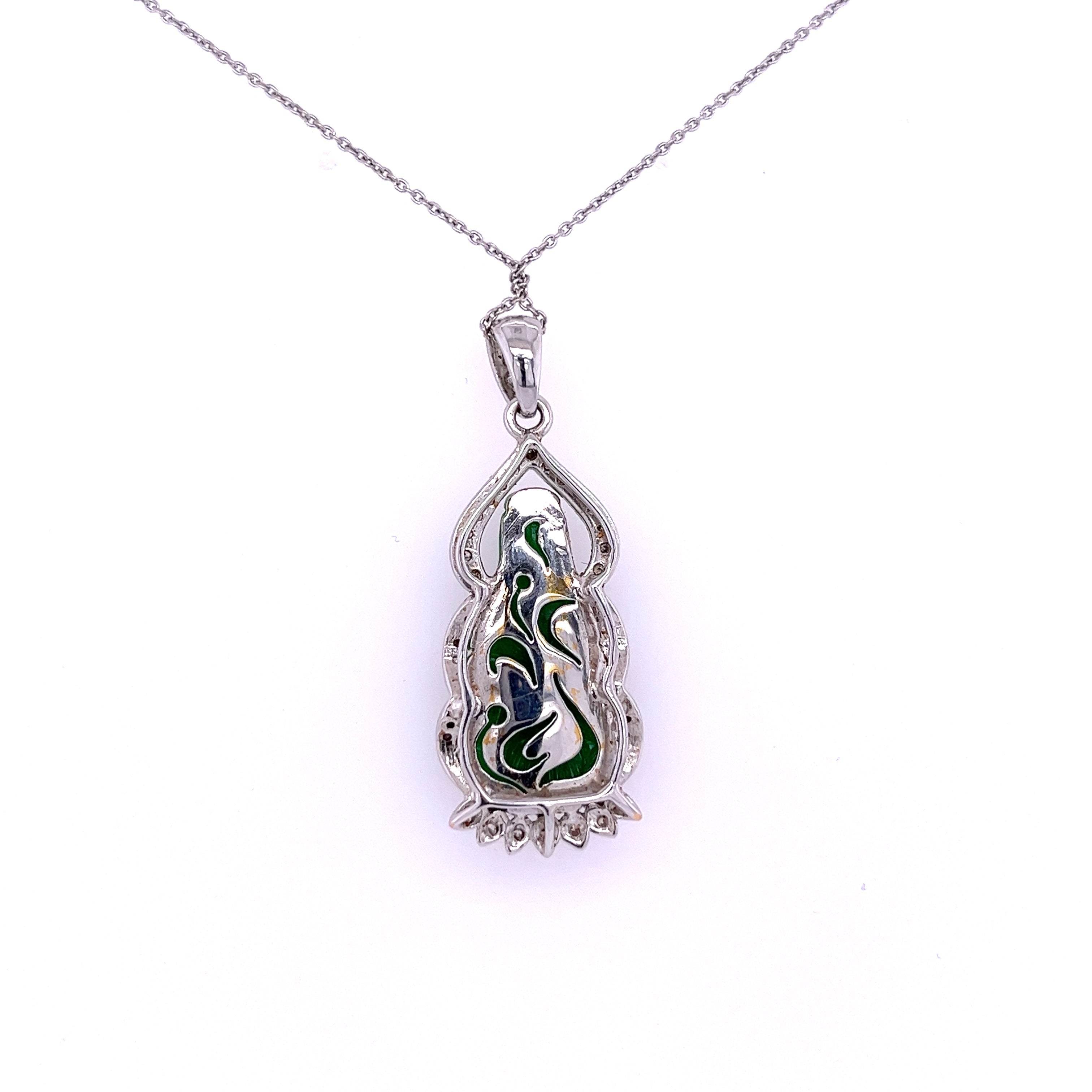 14K White Gold Carved Jade Buddha and Diamond Pendant Necklace-Gemstone Pendant-ASSAY