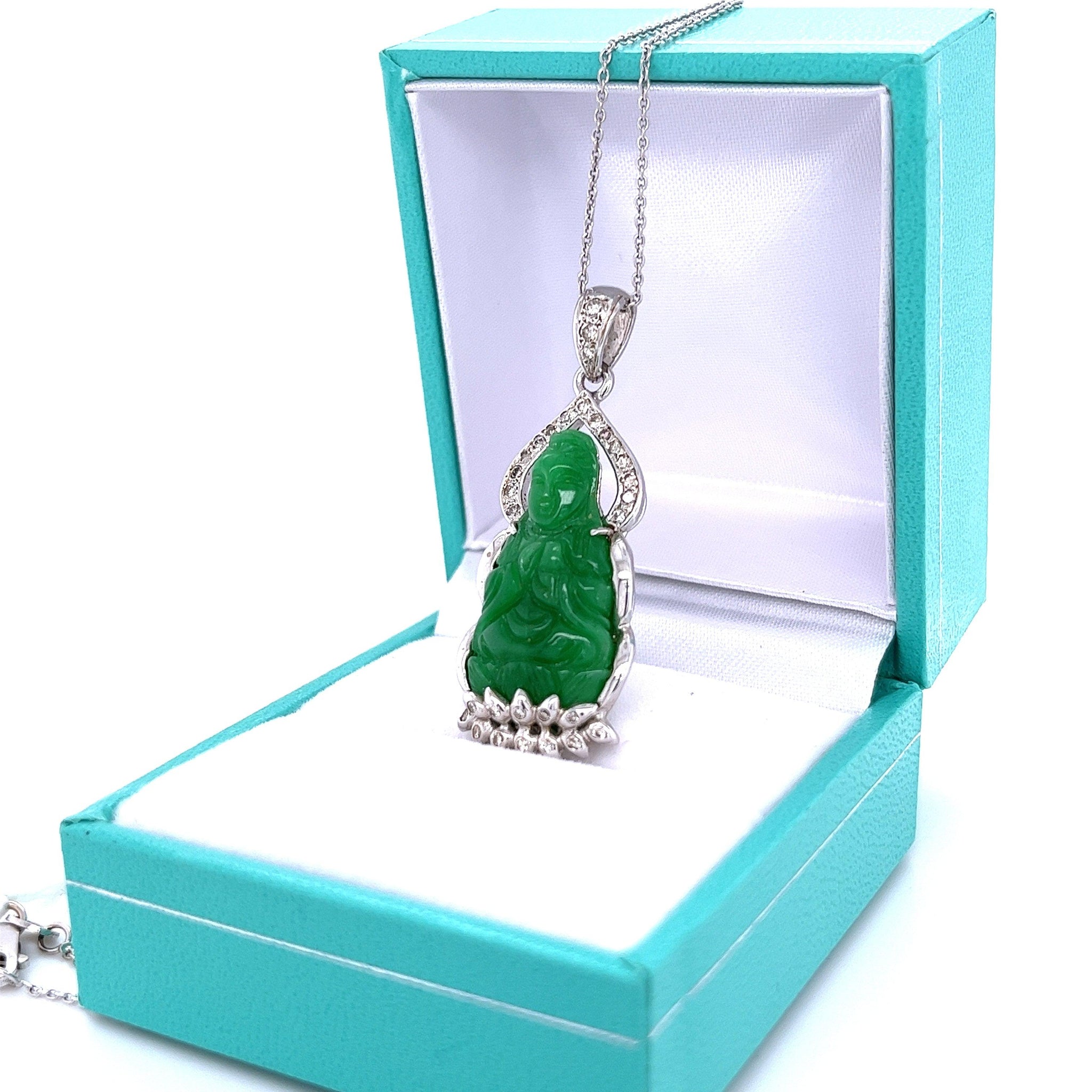 14K White Gold Carved Jade Buddha and Diamond Pendant Necklace-Gemstone Pendant-ASSAY