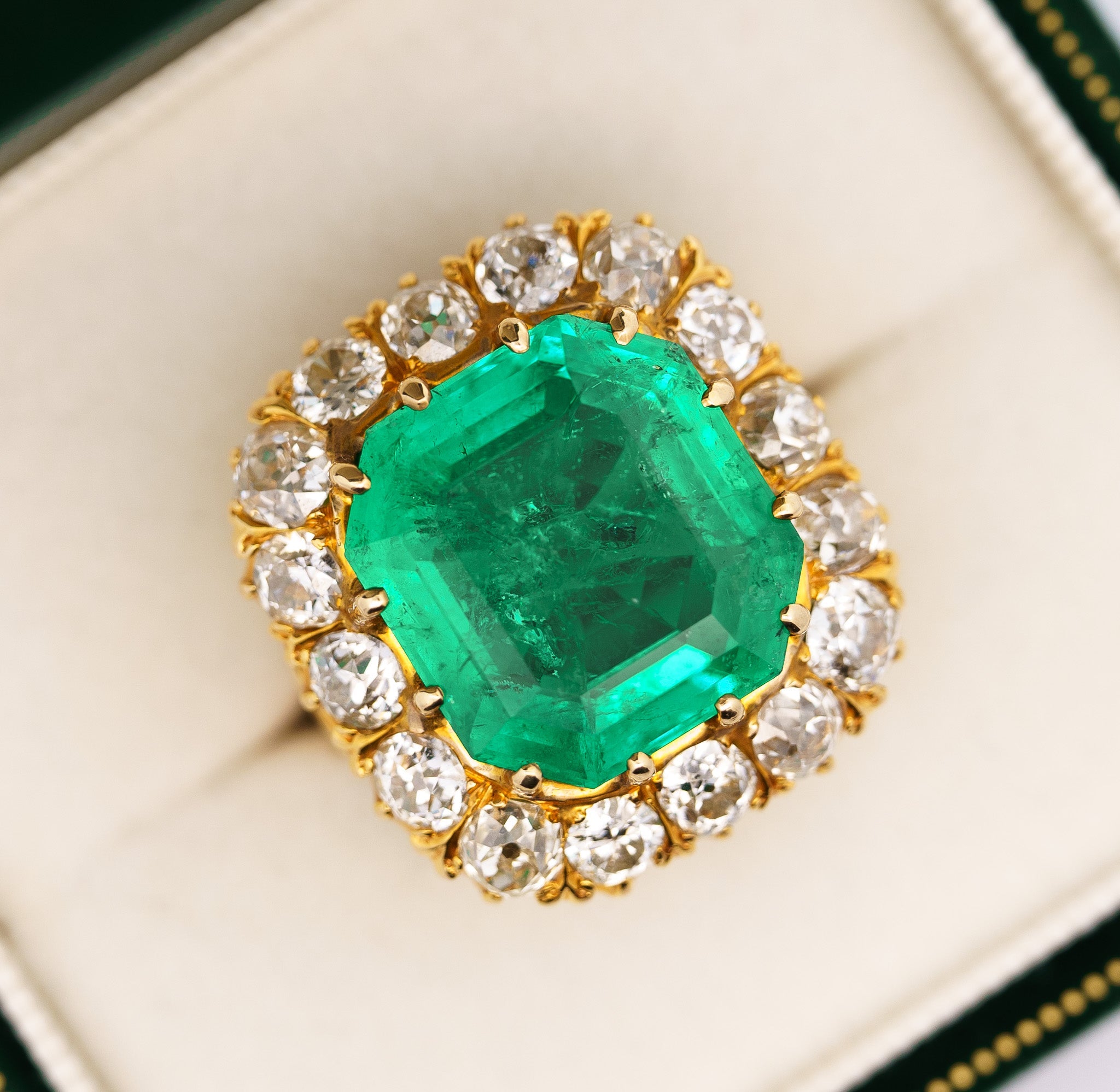 14.51 Carat Insignificant Oil Colombian Emerald & Old Euro Cut Diamond Halo Ring