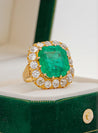 14.51 Carat Insignificant Oil Colombian Emerald & Old Euro Cut Diamond Halo Ring-Rings-ASSAY