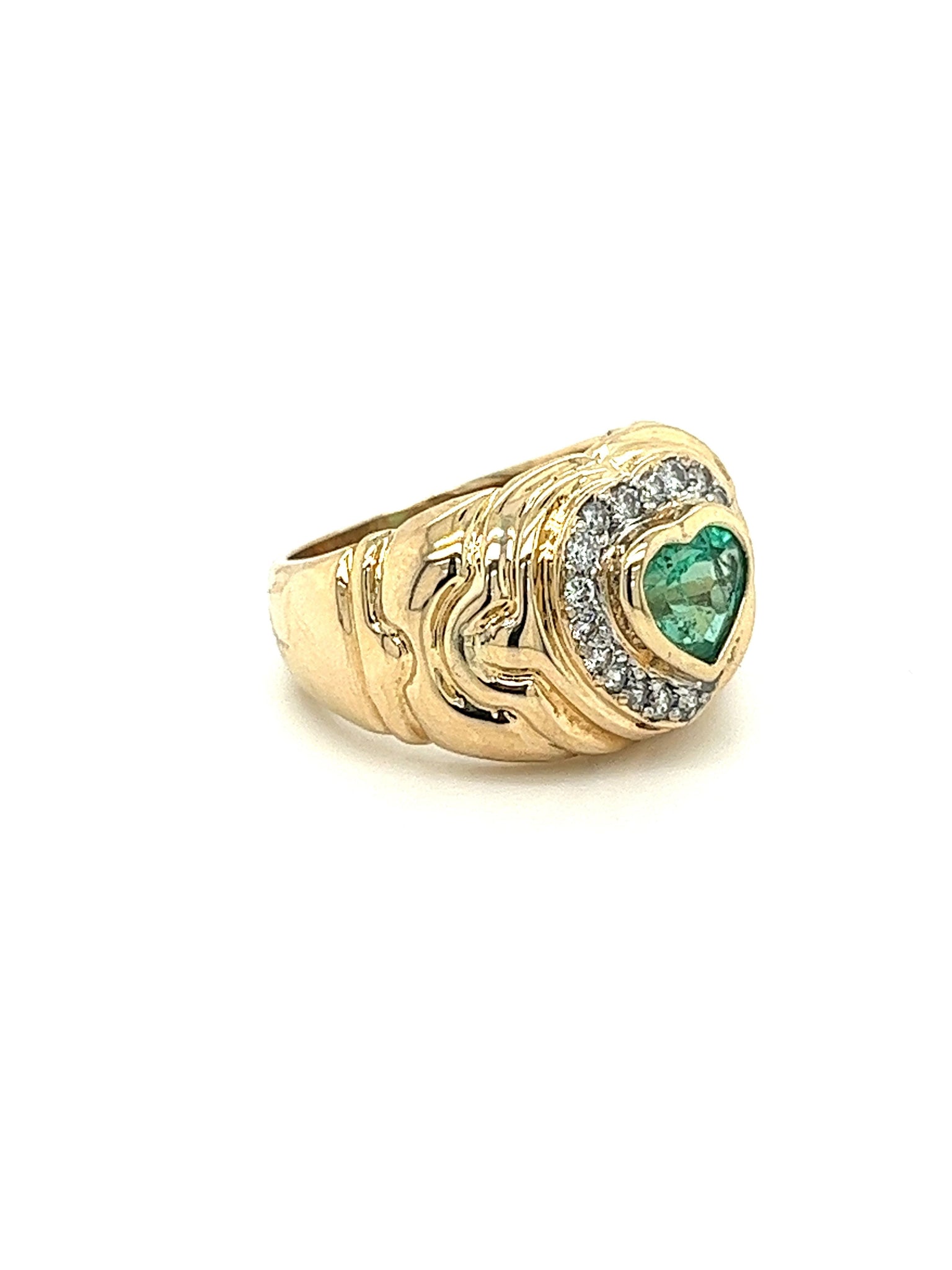 14k Solid Gold Heart Shape Emerald and Diamond Pinky Ring
