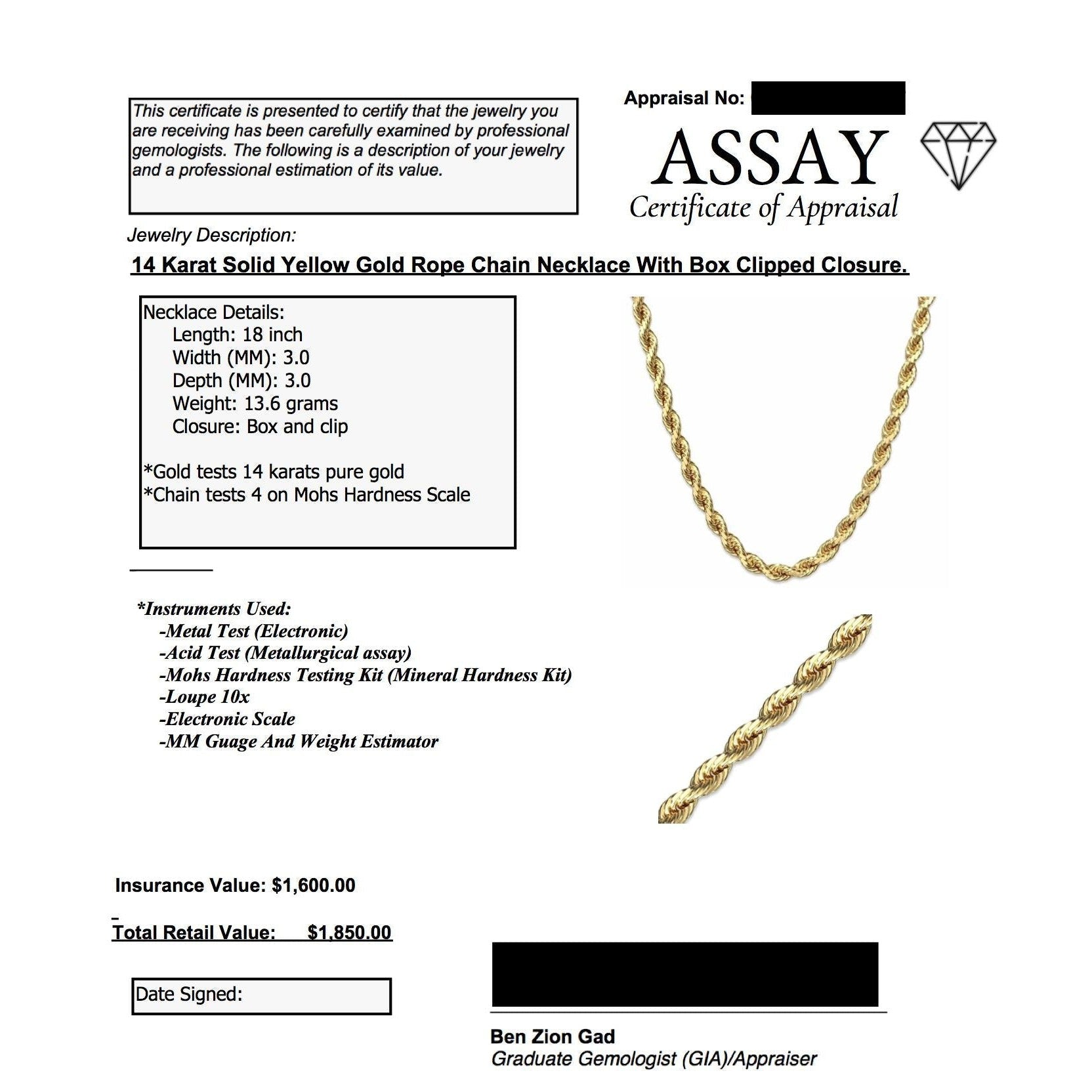 Solid gold rope chain 18 inch Clearance