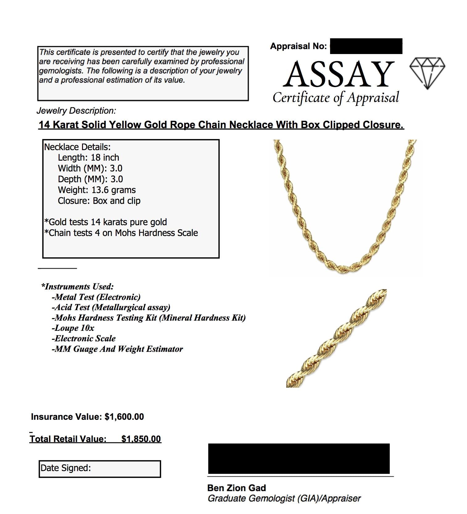14k Solid Yellow Gold Rope Chain 18 inch/20 inch 3mm thick gold necklace-Gold chain-ASSAY