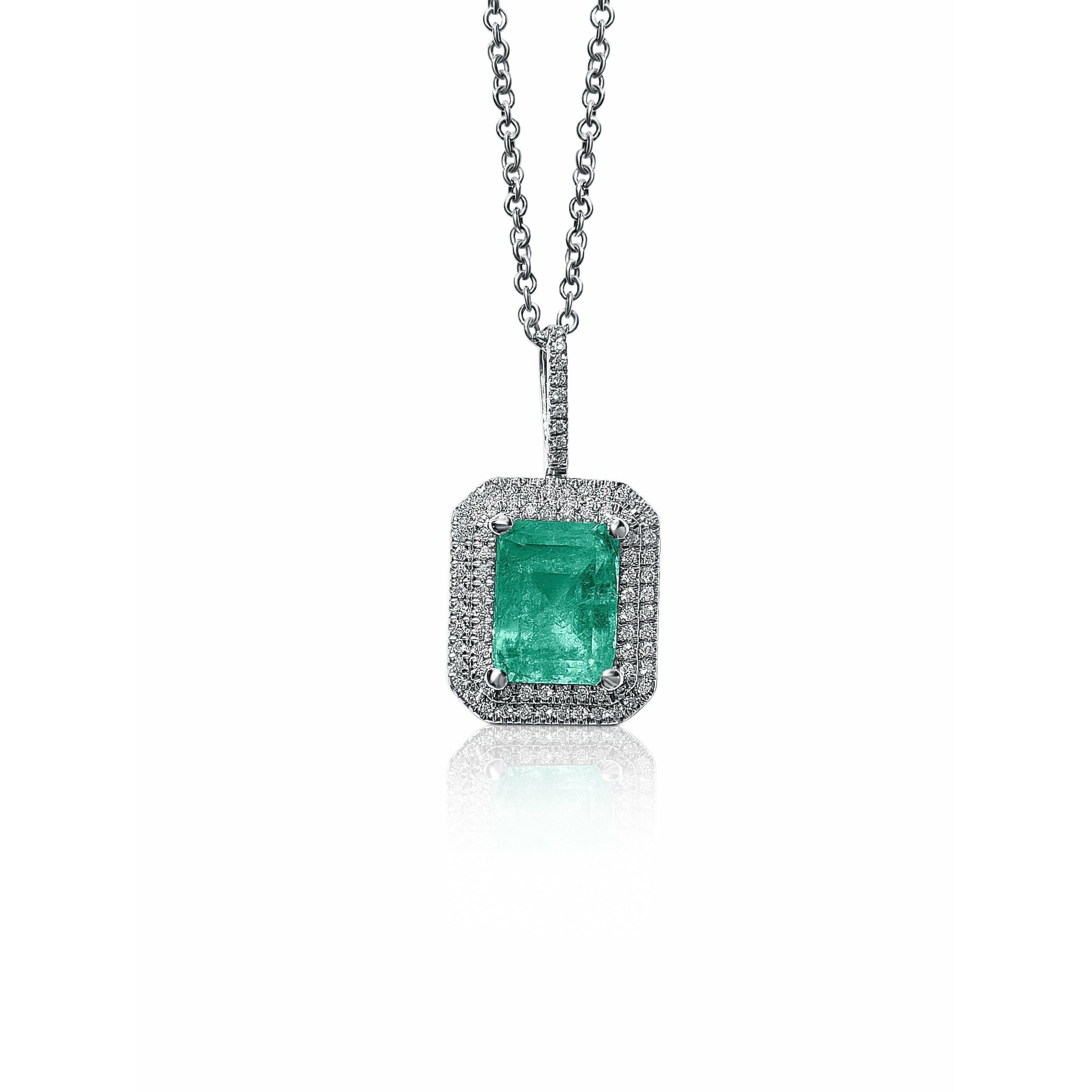 14k White Gold Emerald Pendant in 18k White Solid Gold Necklace - ASSAY