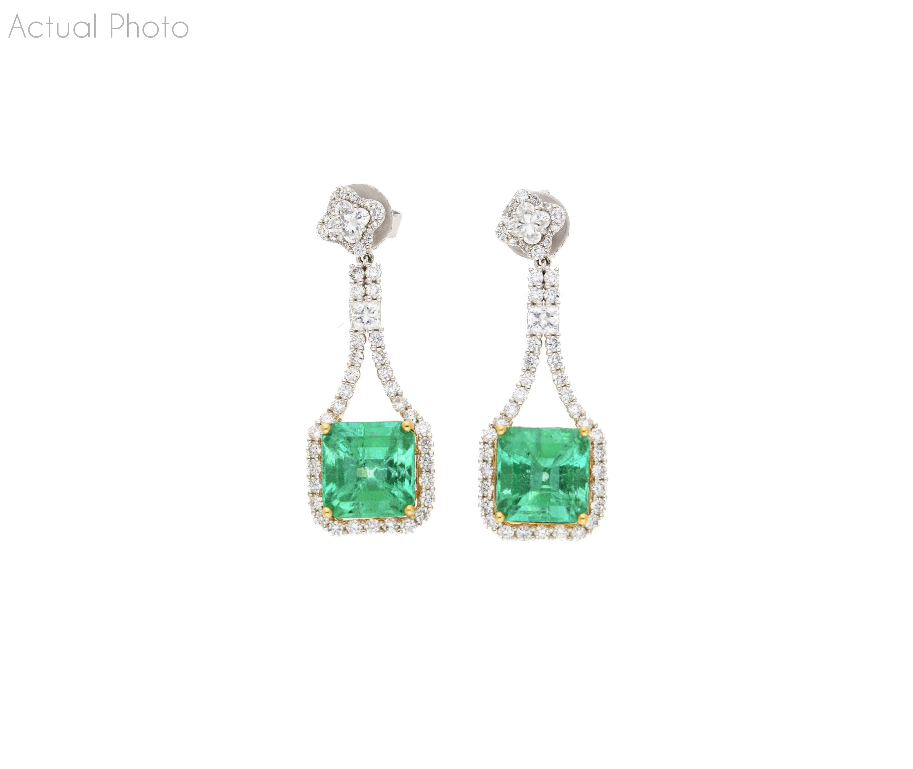 15 Carat Colombian Minor Oil Emerald & Diamond Dangle Earrings in 18K White Gold