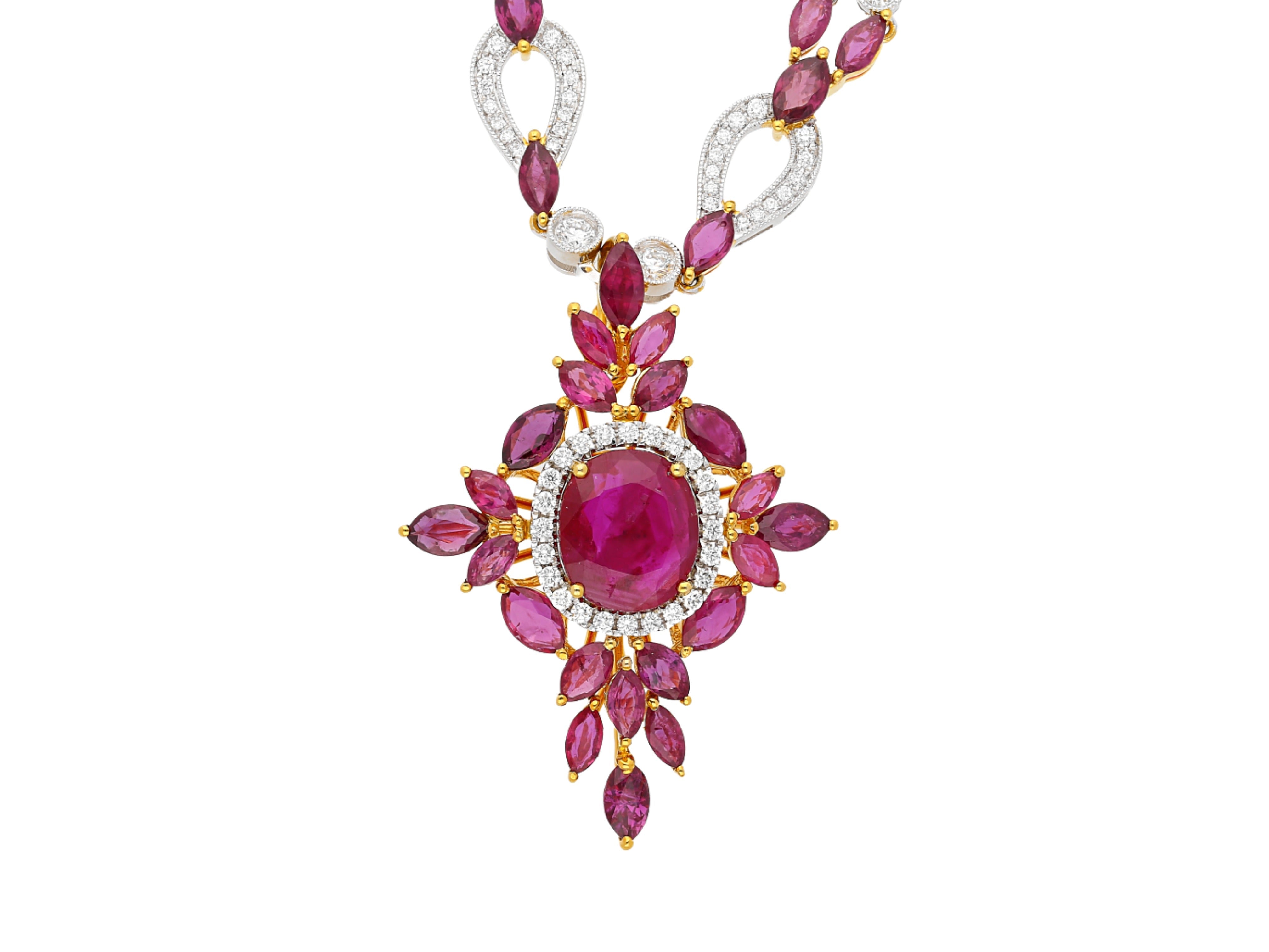 15.66 Carat Ruby & 3.17 Carat Diamond Cross Pendant Necklace in 18K Solid Gold-Necklace-ASSAY