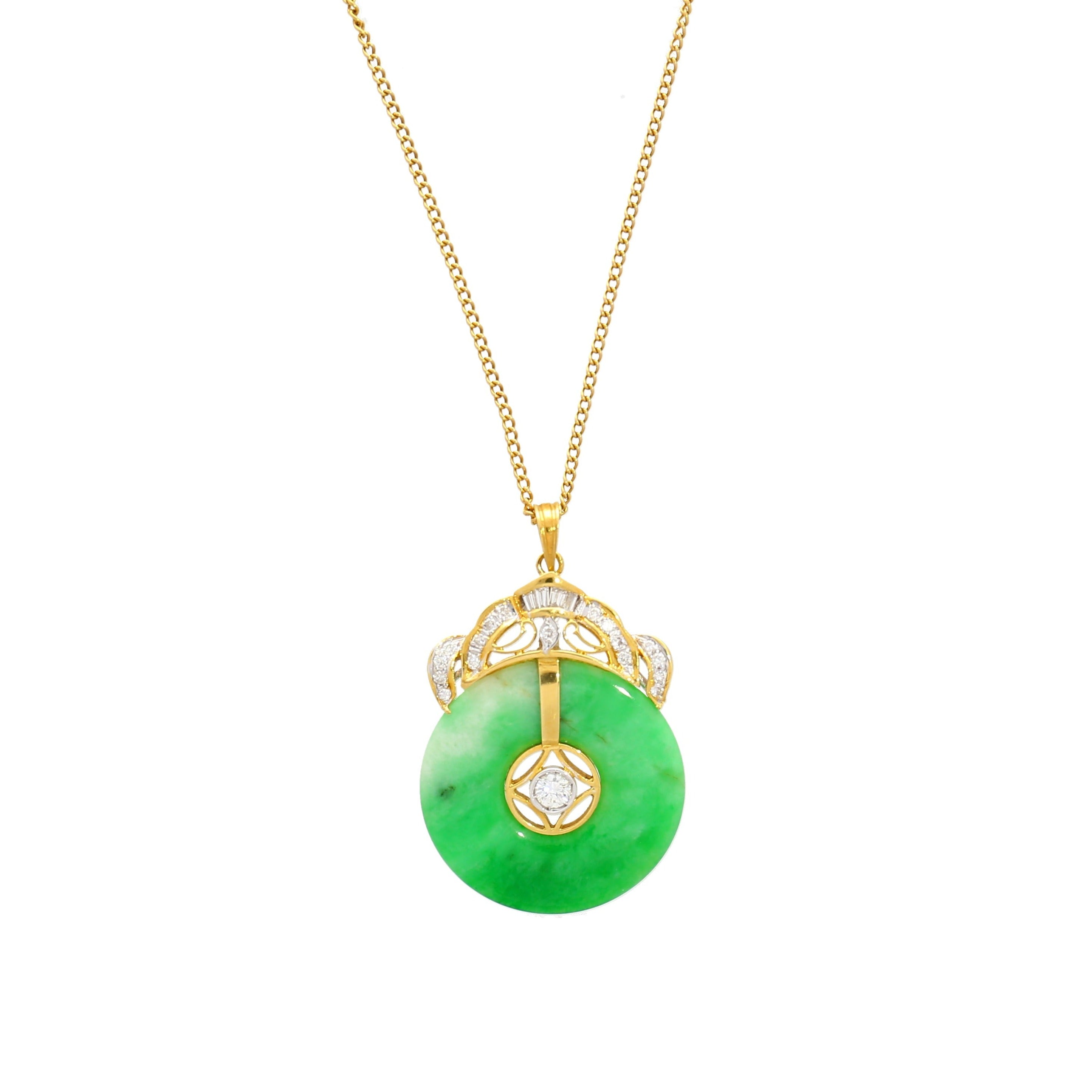 18K Gold Jadeite Jade Disc Pendant Necklace with Circular Jade and Baguette With Round Cut Diamonds-Necklace-ASSAY