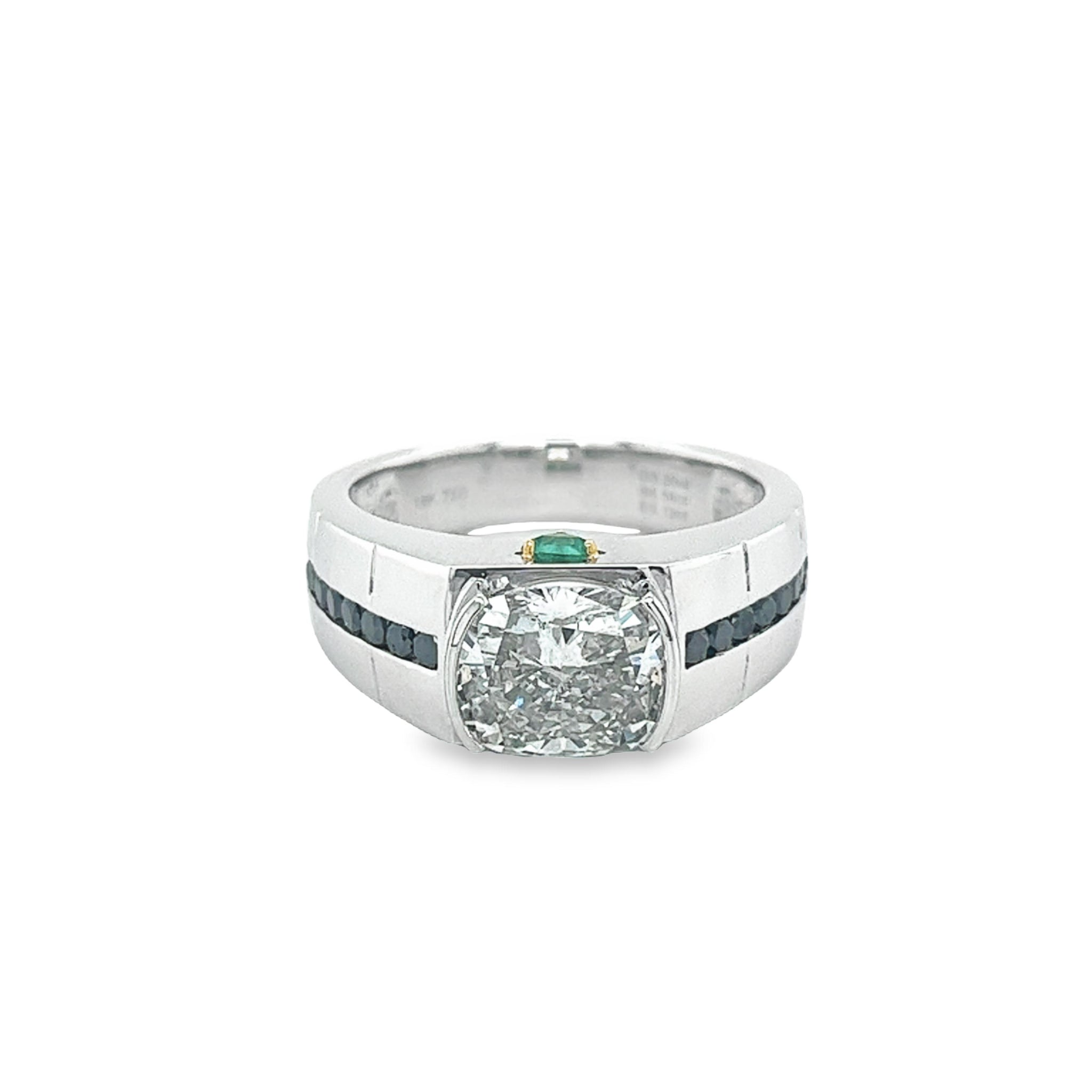 18K Gold Mens Ring with 3.2 Carat Cushion Cut Lab Diamond With Black Diamond Sides-Mens Ring-ASSAY