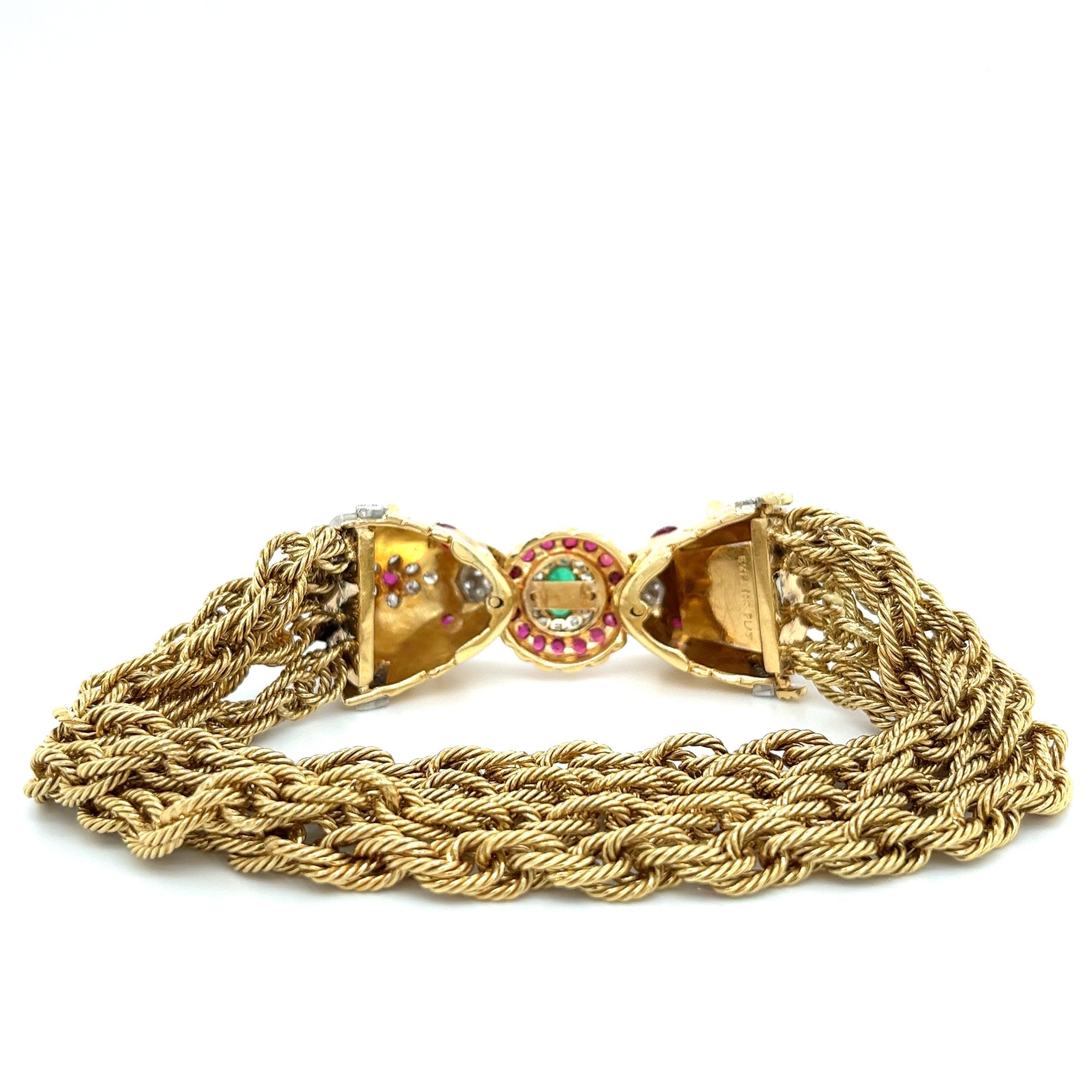 18K Gold Platinum Double Headed Biting Lion Multi Rope Chain Bracelet With Emeralds Diamonds Rubies Chains
