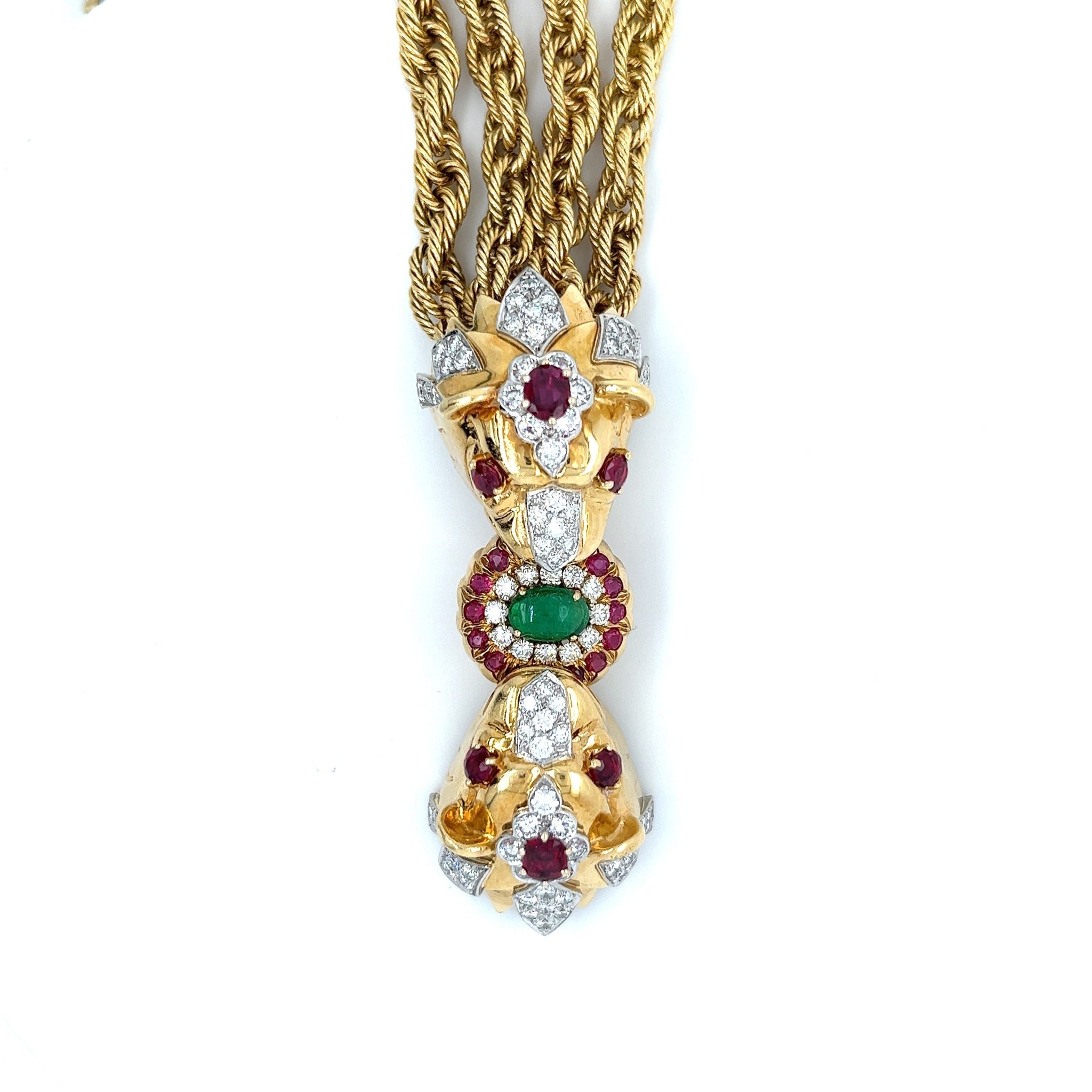 18K Gold & Platinum Double Headed Biting Lion Multi Rope Chain Bracelet With Emeralds, Diamonds, & Rubies-Bracelets-ASSAY