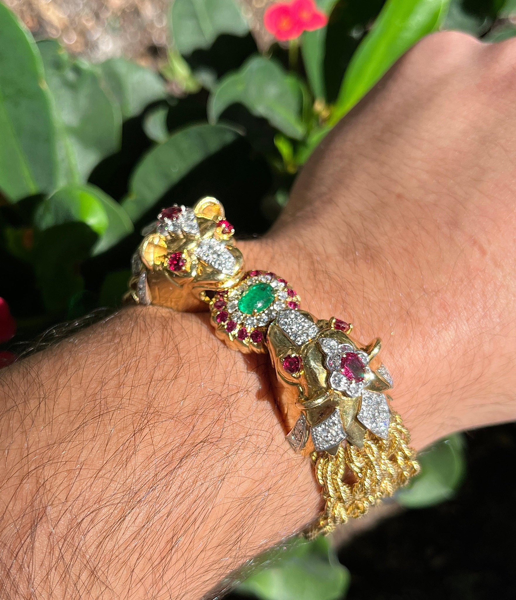 18K Gold Platinum Double Headed Biting Lion Multi Rope Chain Bracelet With Emeralds Diamonds Rubies Chains