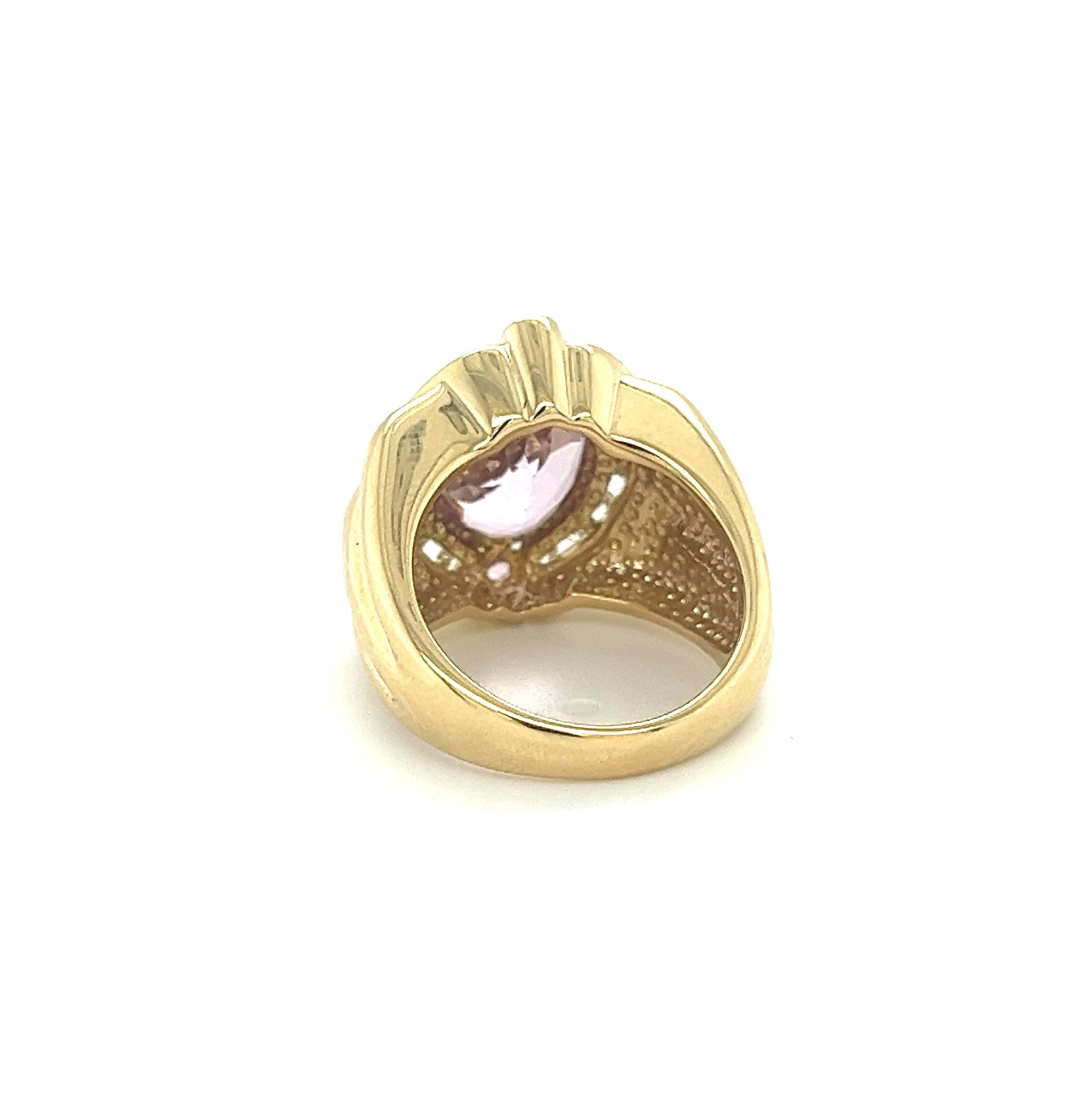 18K Gold Vintage Retro Regal Ring With Pink Kunzite and Diamond Halo